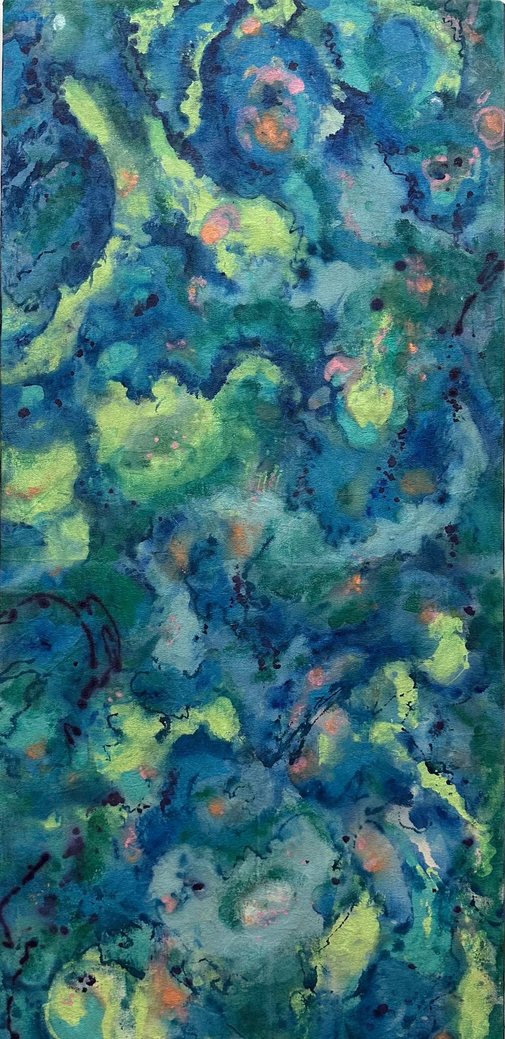 Abstract painting on unprimed canvas cloth with shades of blue, green, pink, and orange, featuring splatters and swirling patterns.