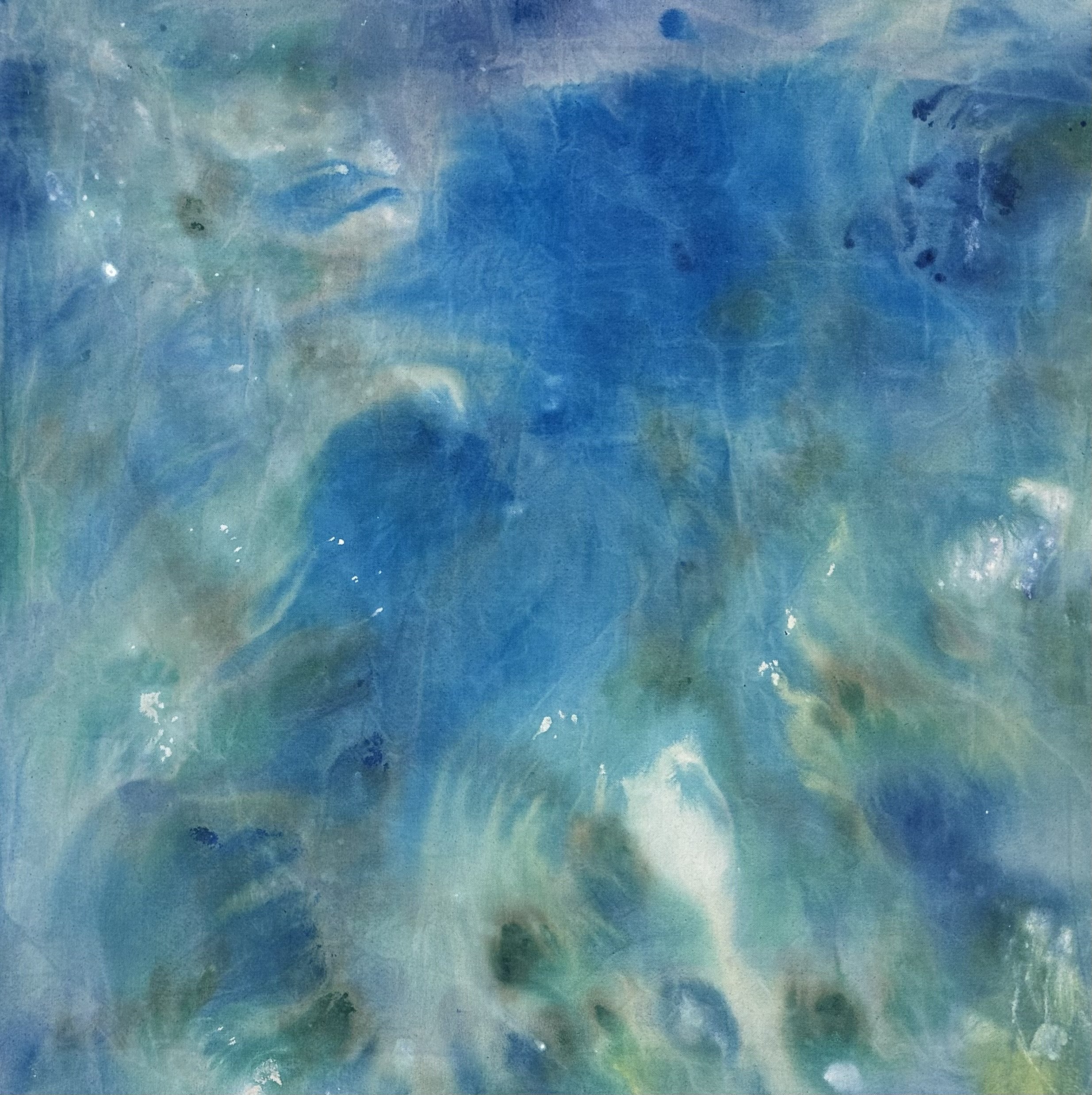 Flowing acrylic paint on unprimed canvas that hasshades of blue, green, and white, featuring abstract patterns and textures.