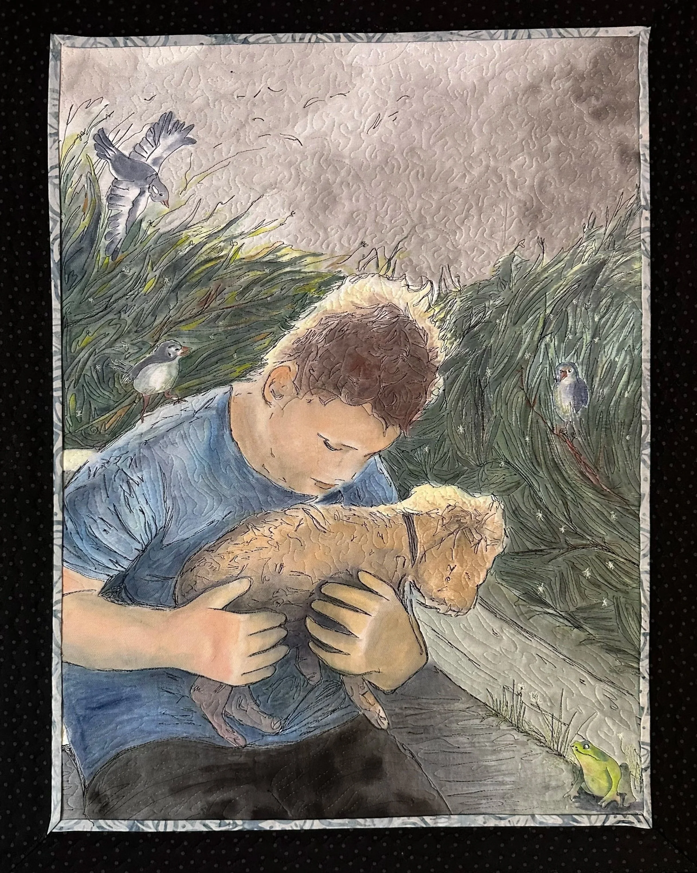 A watercolor painting of a person with brown curly hair, wearing a blue shirt, hugging a  dog. Several small birds are perched in tall grass around them, and a green frog is sitting on a rock in the bottom right corner. The background features a cloudy sky.