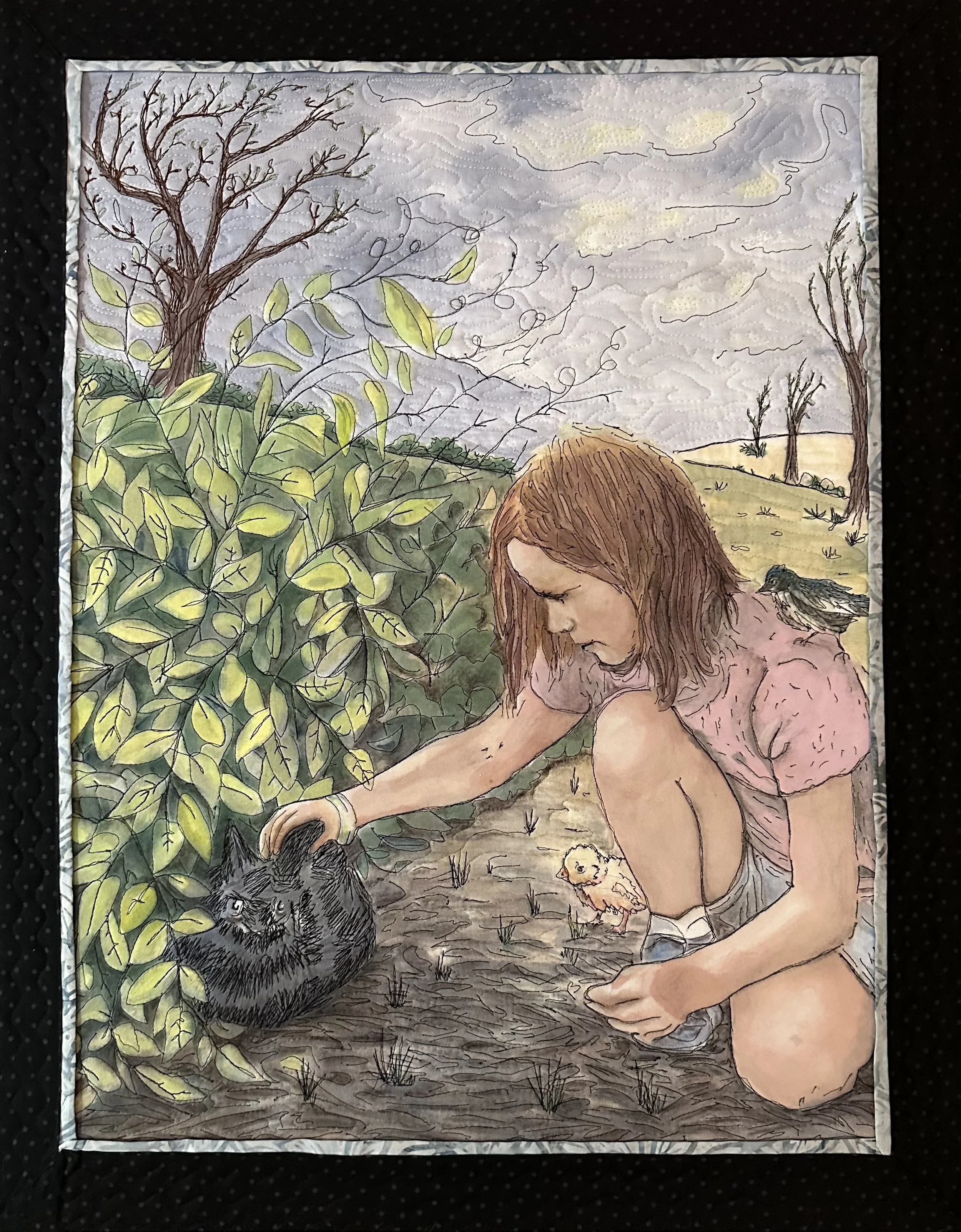 A quilted artwork depicting a girl with long brown hair crouching in a natural setting with trees, bushes, a wolf, a chick, and a bird, under a cloudy sky.