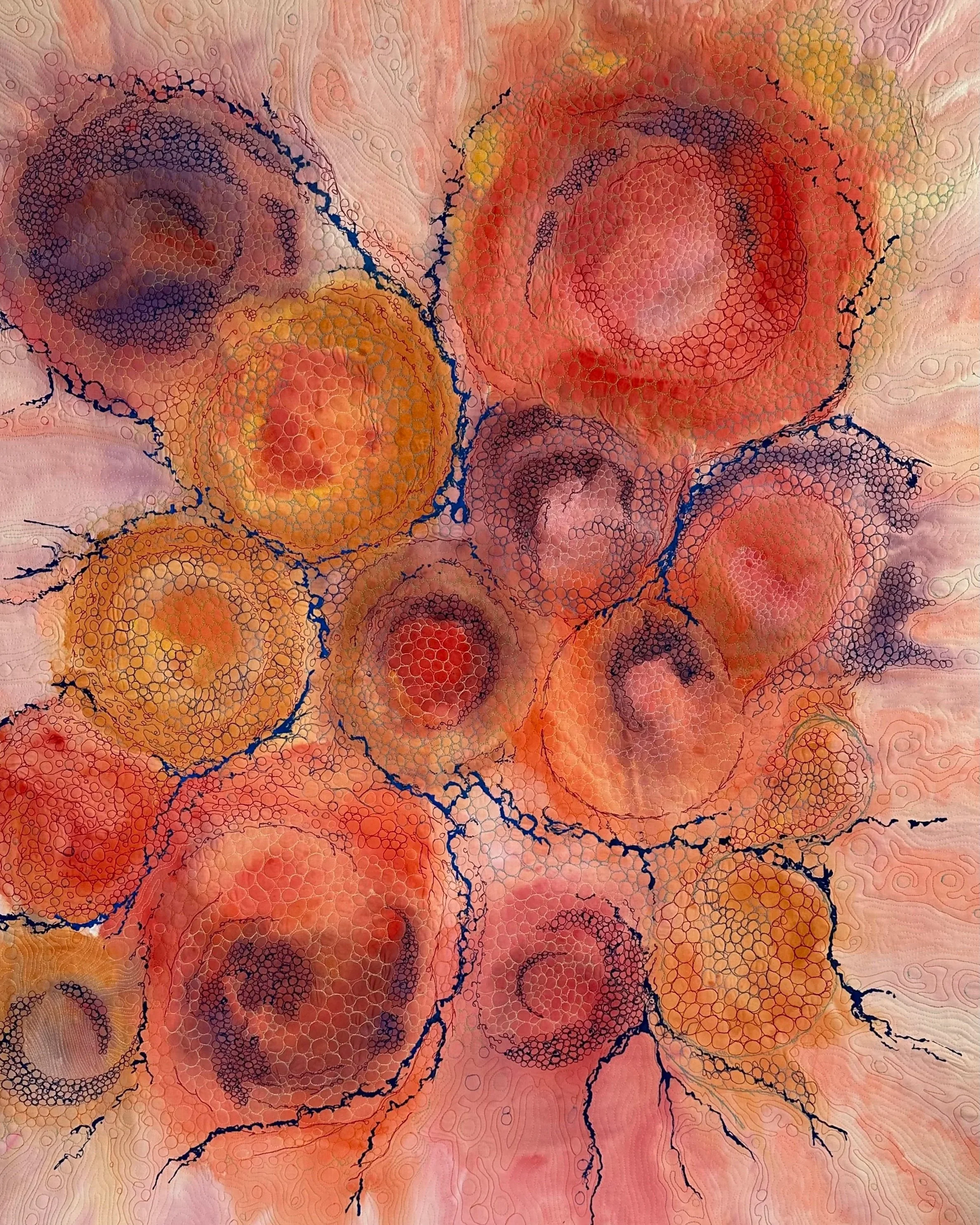 Abstract fiber art painting with stitched circles and painted pathways that meander and connect.