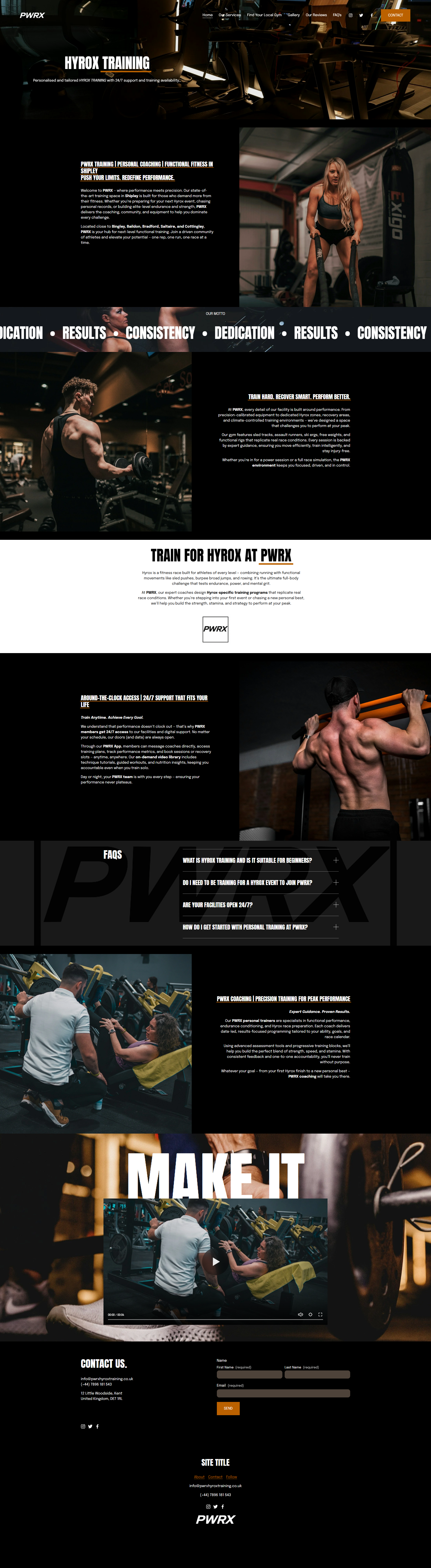 A fitness training website homepage with images of people working out in a gym, including a woman lifting weights, a man using dumbbells, and a man performing a pull-up. The page features sections for training, results, coaching, FAQs, and contact information.