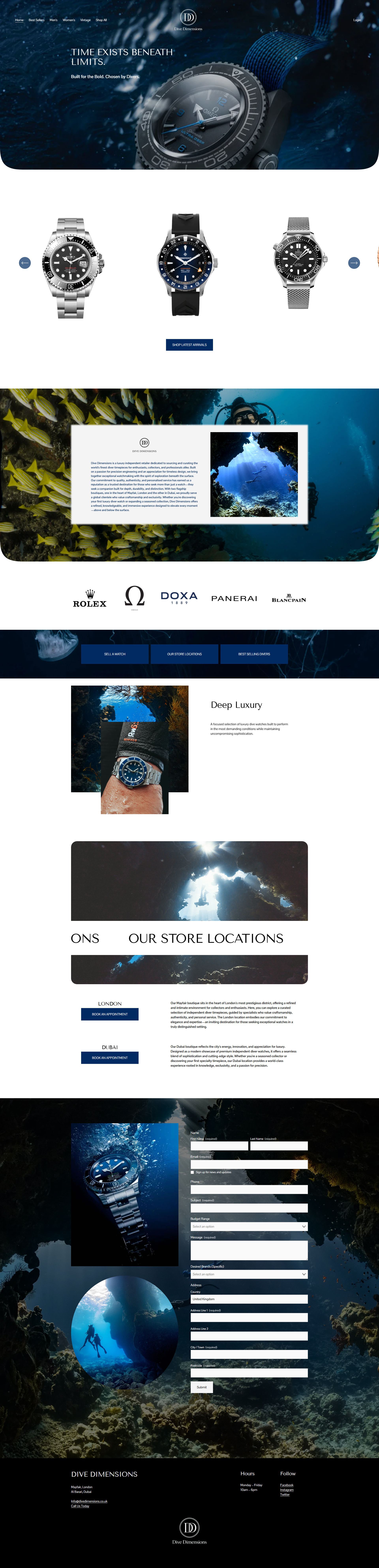 Webpage showcasing luxury dive watches, featuring a large image of a diving watch underwater, with images of three different watch models, underwater scenes, and brand logos including Rolex, Omega, DOXA, Panerai, Blancpain. Contains sections on deep luxury watches, store locations, and a contact form.