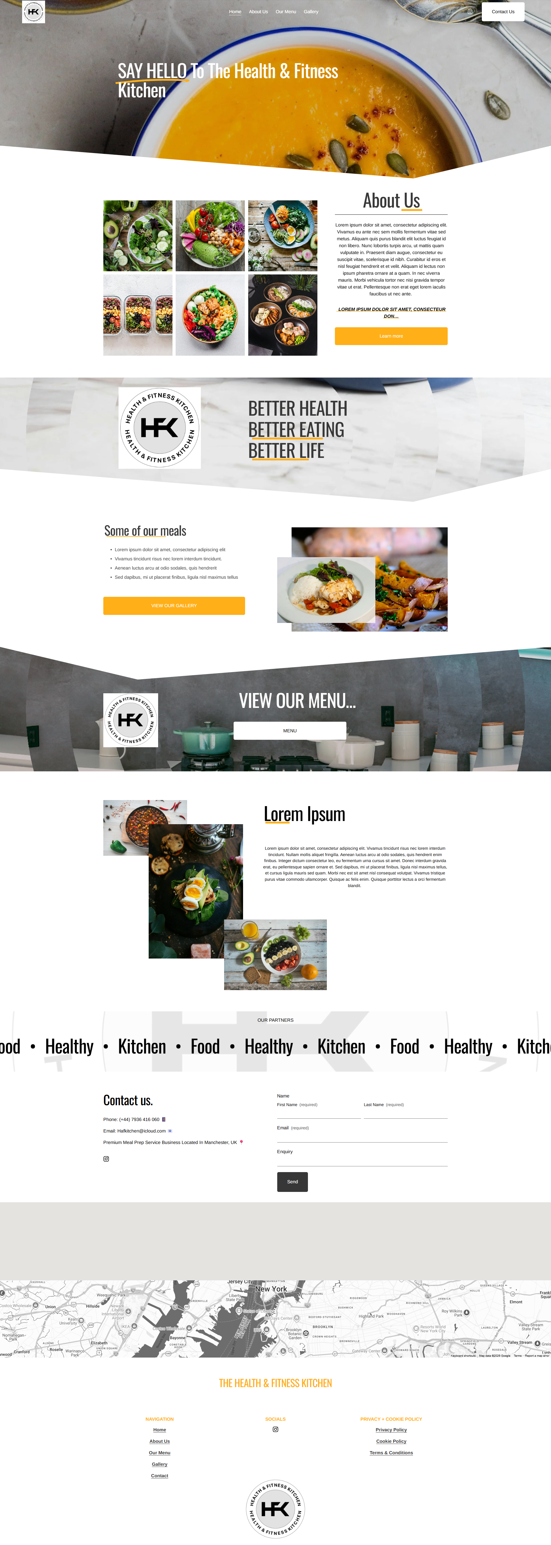 Homepage of The Health & Fitness Kitchen website showing images of various healthy meals, a kitchen with pots and utensils, and a map of New York.