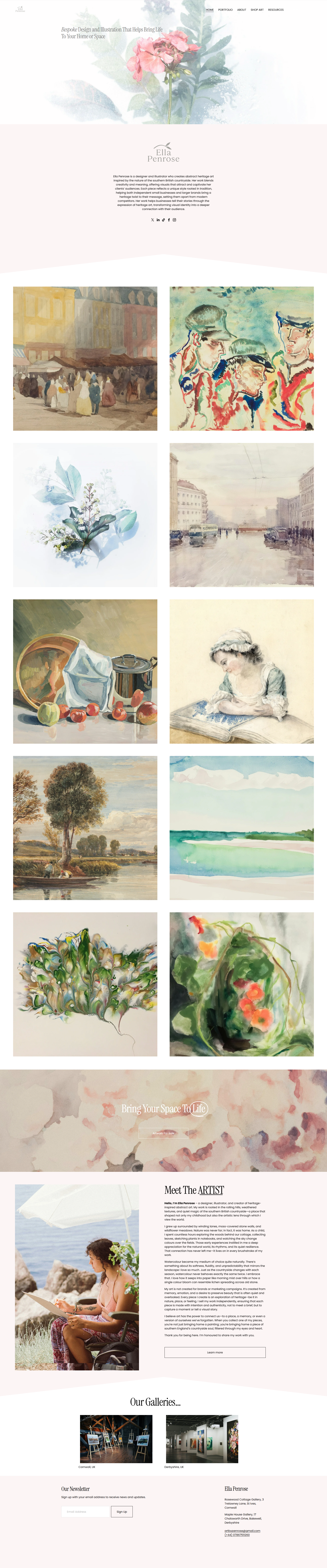 A collage of various watercolor paintings featuring flowers, landscapes, and a woman reading, with an artist's biography and gallery images at the bottom.