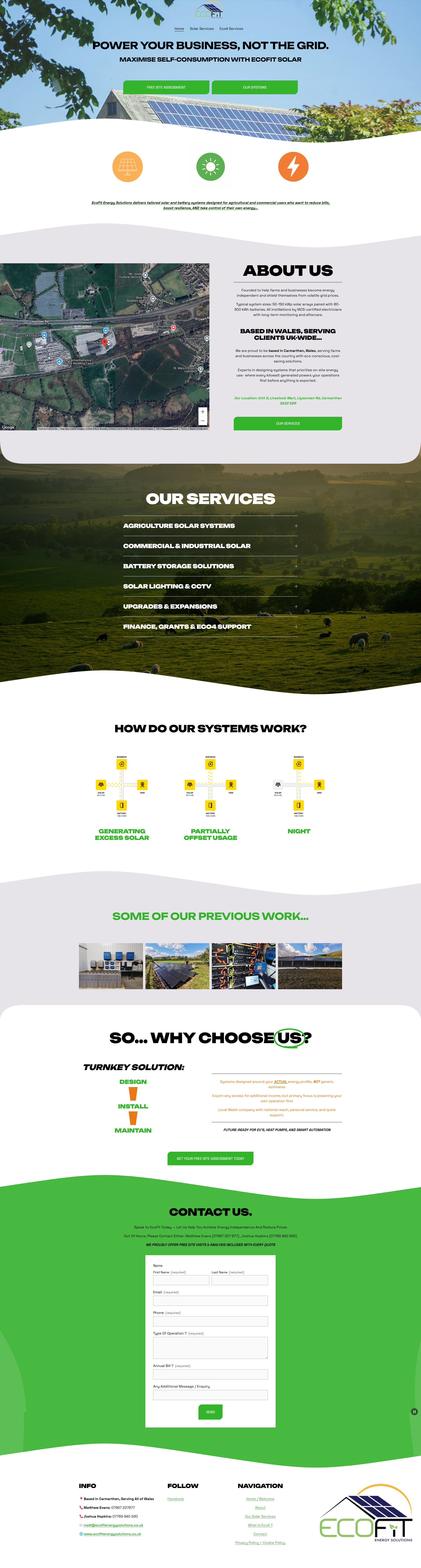 Website homepage for EcoFit Solar featuring a solar panel roof and eco-friendly themes, with sections on services, how systems work, previous work, and contact information.