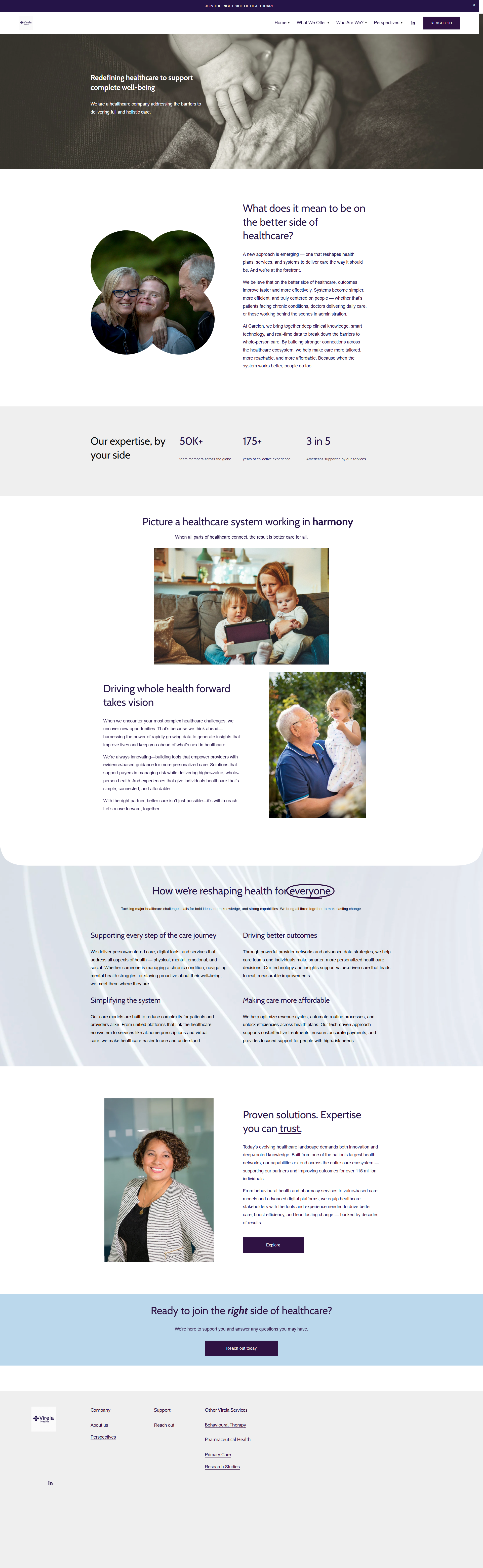 A healthcare website homepage with images of people, including seniors and children, and text about healthcare services and solutions.