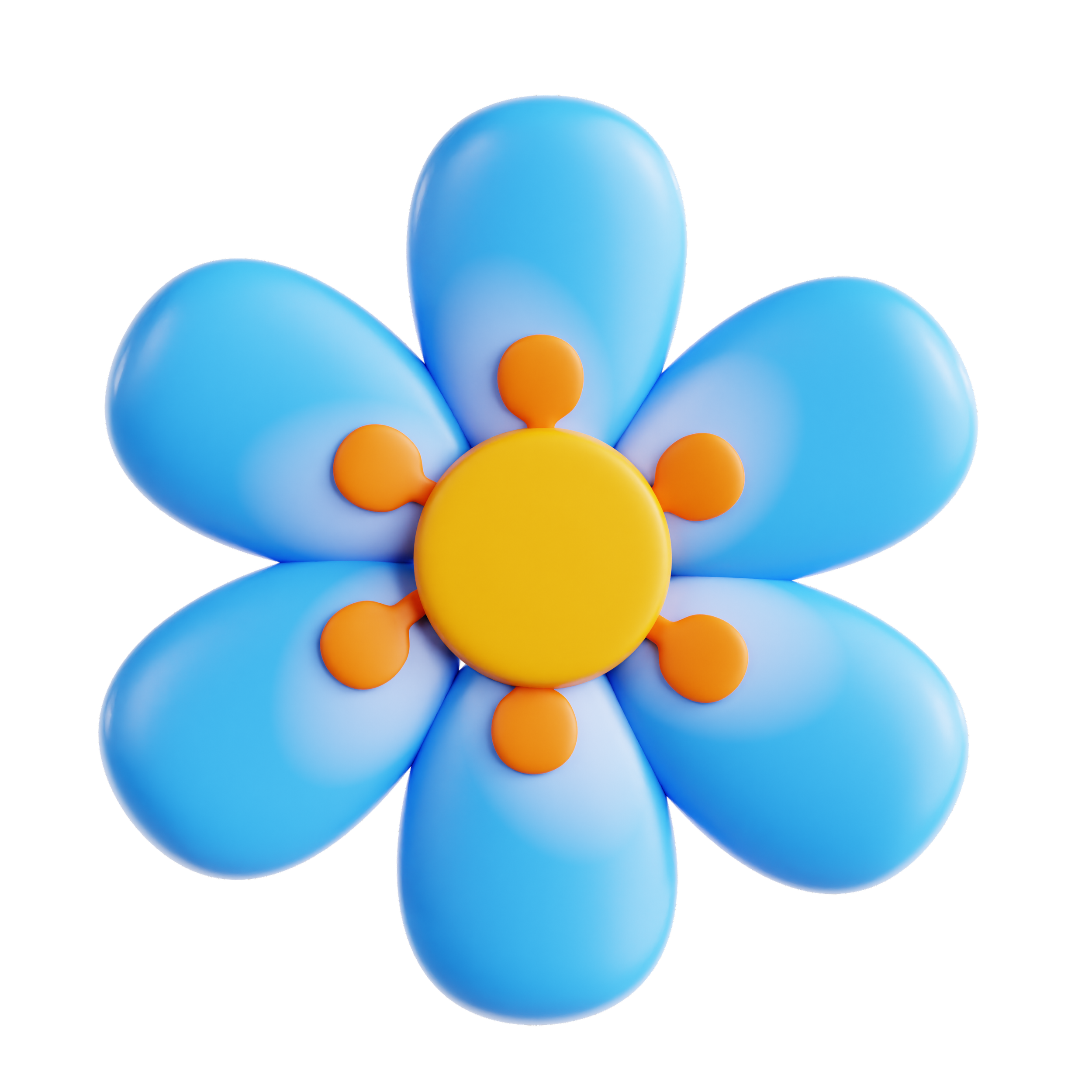 Colorful 3D illustration of a flower with five blue petals, a yellow center, and orange accents.