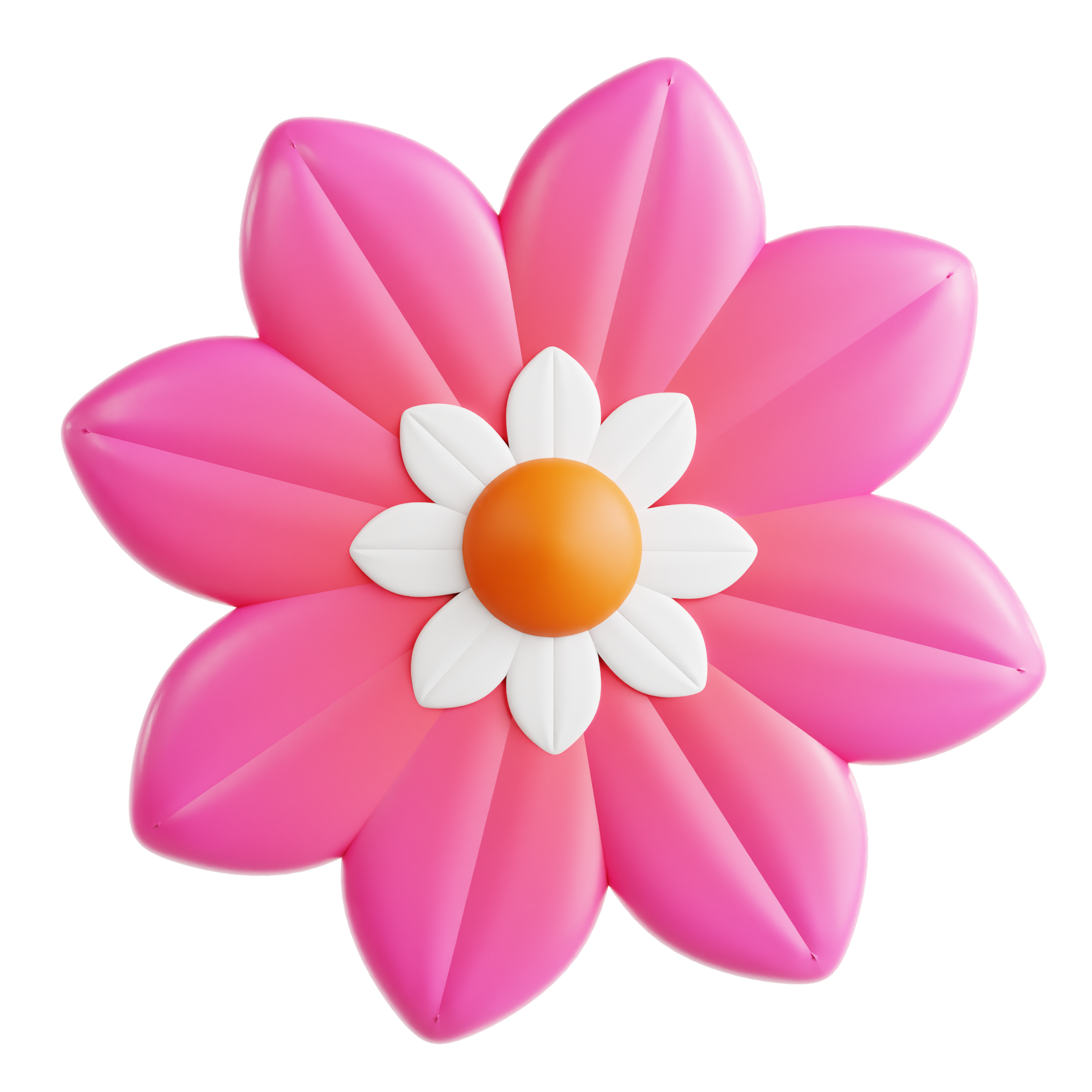 A stylized flower with pink petals, white petals in the center, and an orange circular center.