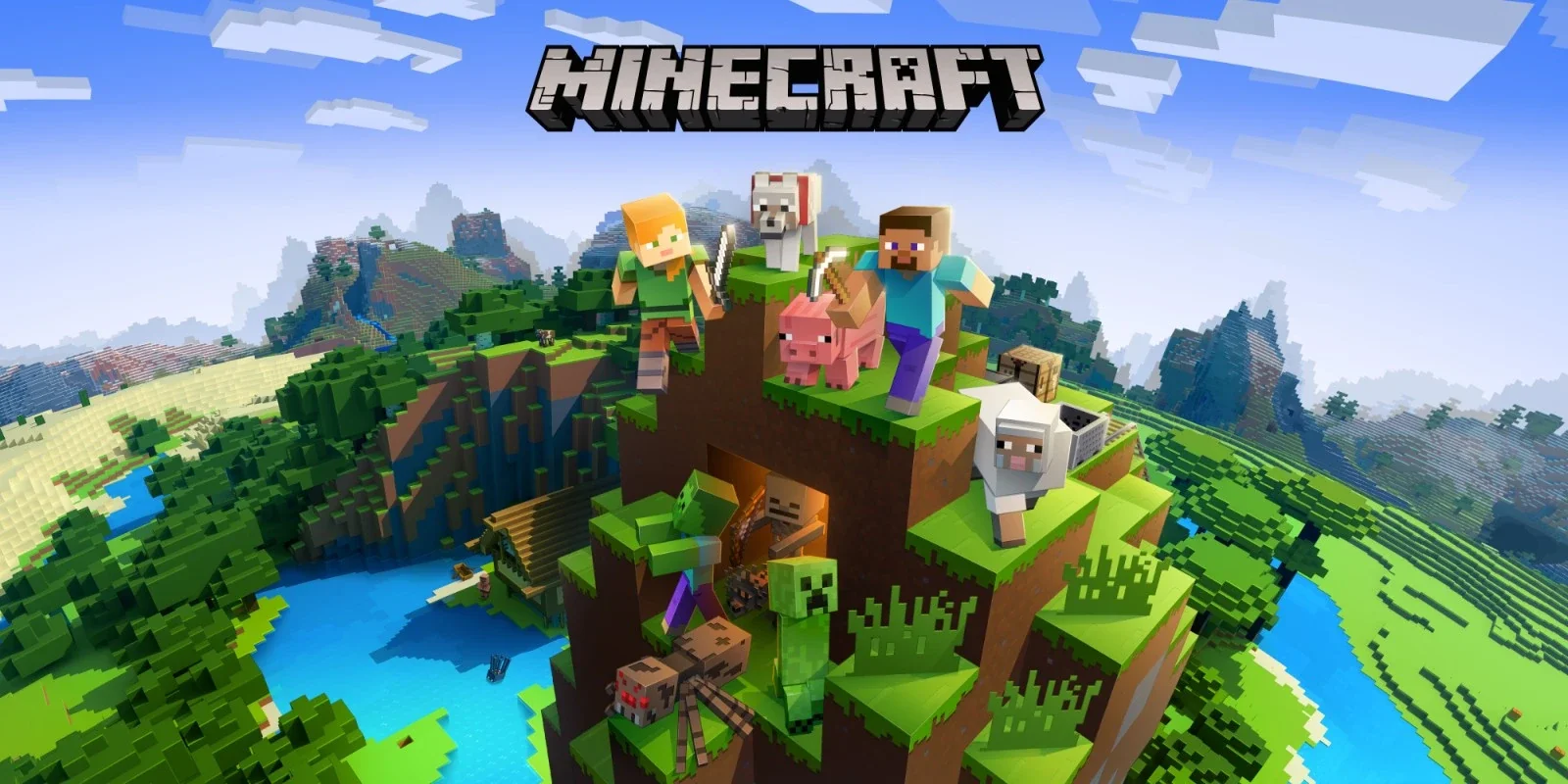 Minecraft video game scene featuring blocky characters such as a girl with blonde hair, a man with a beard, and a dog, standing on a floating blocky mountain with animals like a pig, sheep, and a creeper, overlooking a lush landscape with water, trees, and mountains.