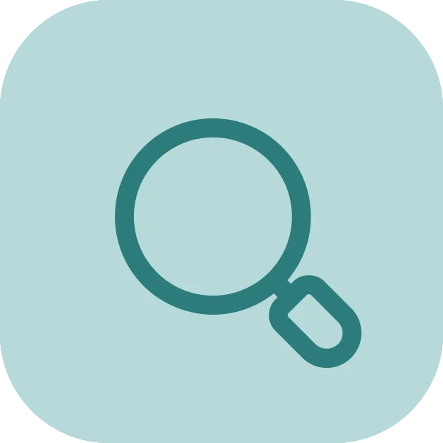 Magnifying glass icon on a light blue background.