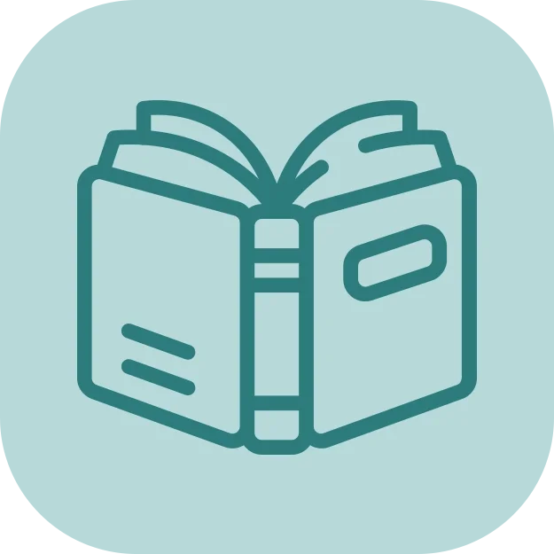 Outline of an open book with blank pages on a light teal background.