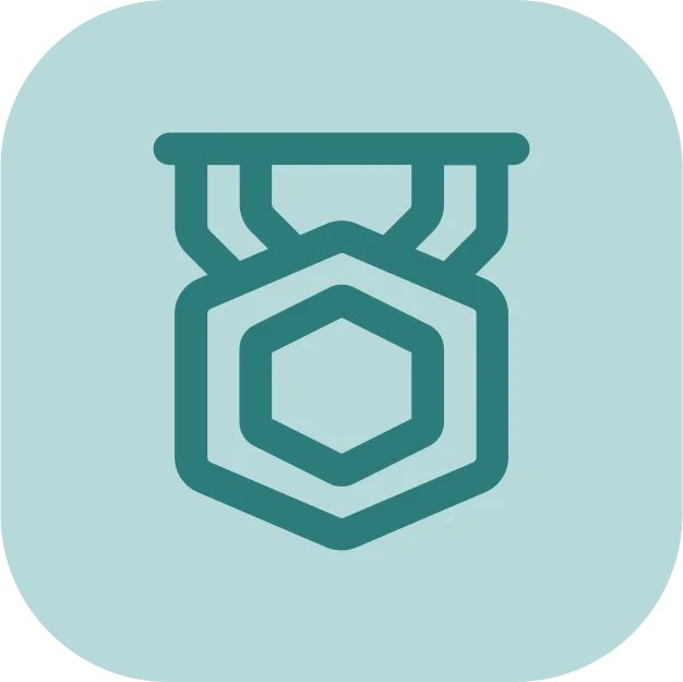 Simple blue medal icon with a ribbon and a hexagonal center, on a light blue background.