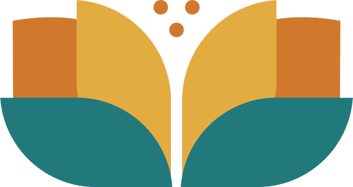 Abstract geometric design resembling a butterfly with a central black line, orange and yellow shapes, and teal curves.