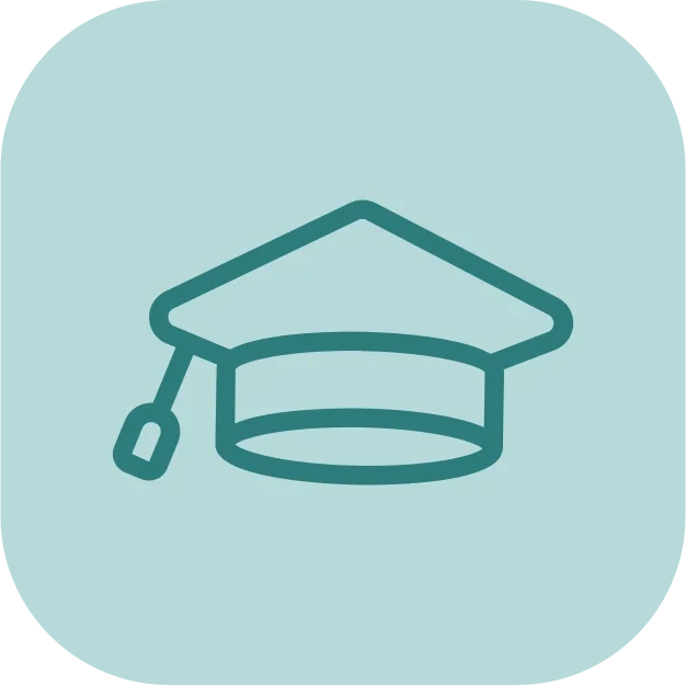 Line drawing of a graduation cap on a light blue background.