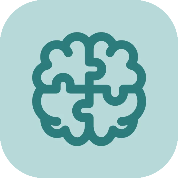 Illustration of a brain made of interconnected puzzle pieces on a light blue background.