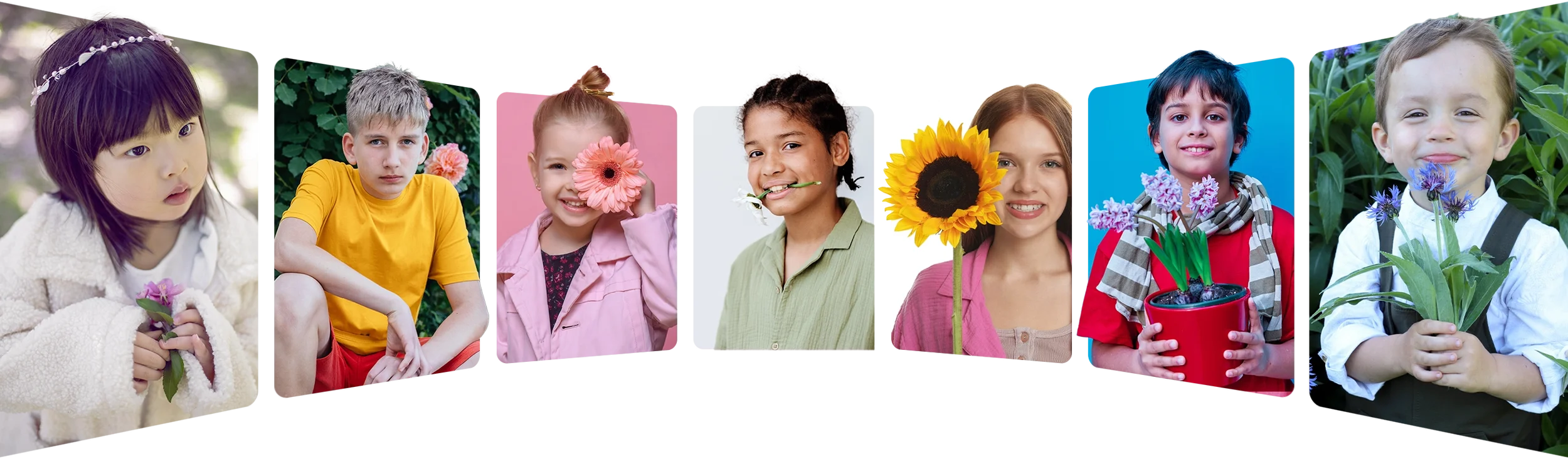 Collage of eight children holding or with flowers, including lilies, gerbera, sunflower, tulips, and irises, in various settings.