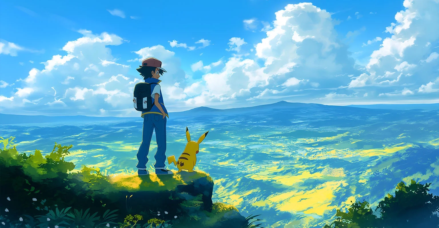 Anime-style scene of a boy with a cap and backpack standing on a cliff with Pikachu, overlooking a vast landscape of rolling hills under a partly cloudy sky.