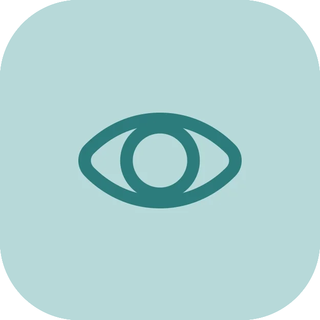 A minimalist icon of an eye on a light blue background.