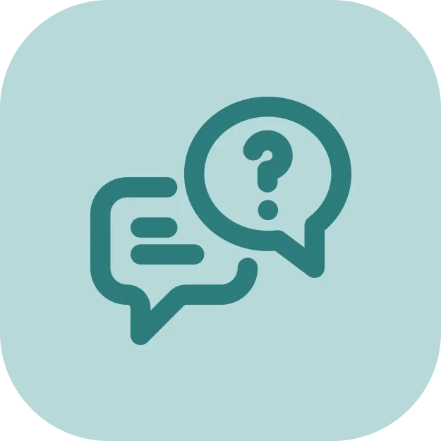 Icon of two speech bubbles with a question mark inside the upper one, symbolizing communication or a question and answer.