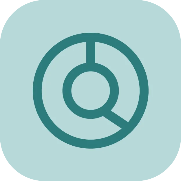 Minimalist circular magnifying glass icon on a light blue background.