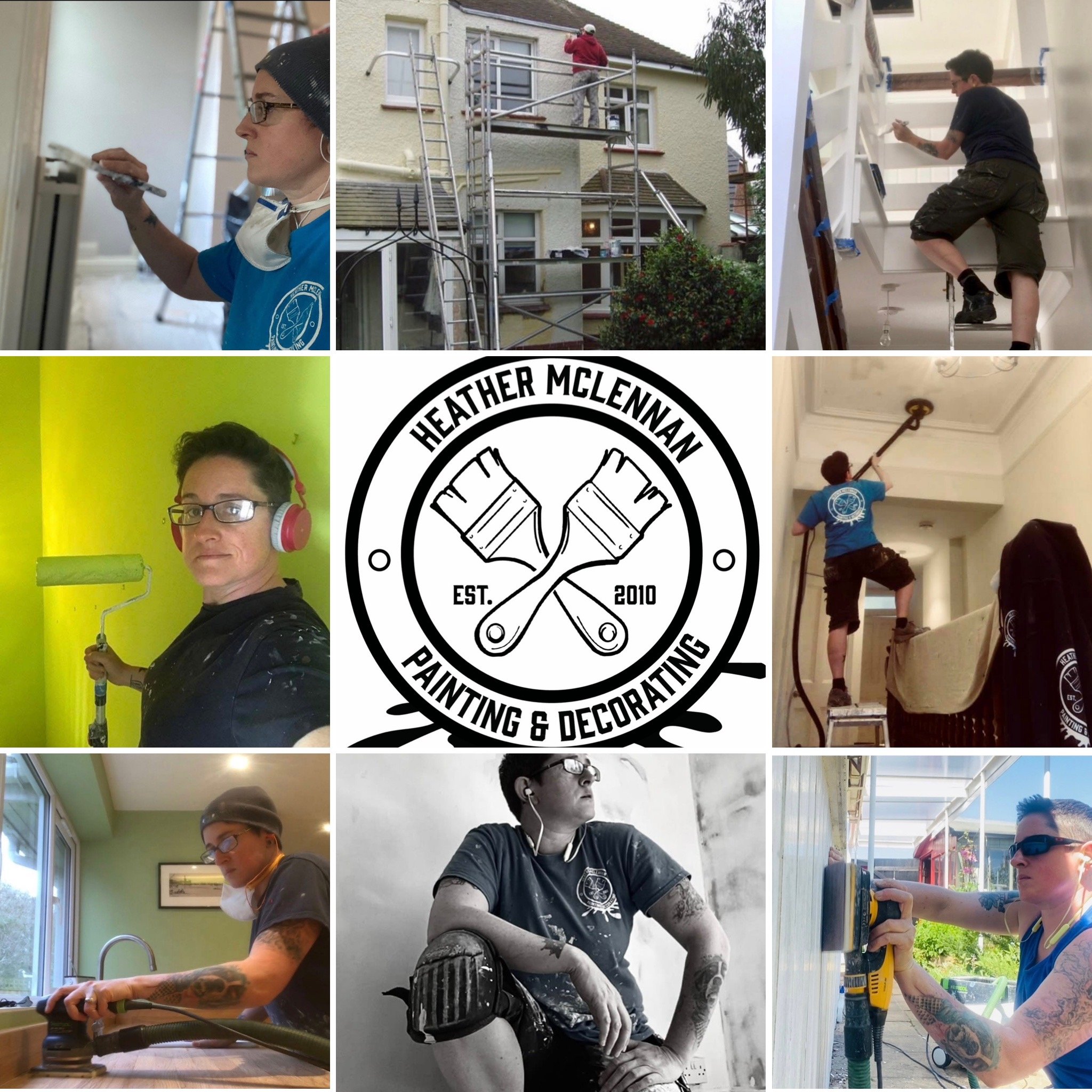 Collage of women and men painting and decorating interior and exterior walls of various buildings, including houses and rooms. Center features a logo for Heather McLennan Painting & Decorating, established in 2010, with crossed paintbrushes.