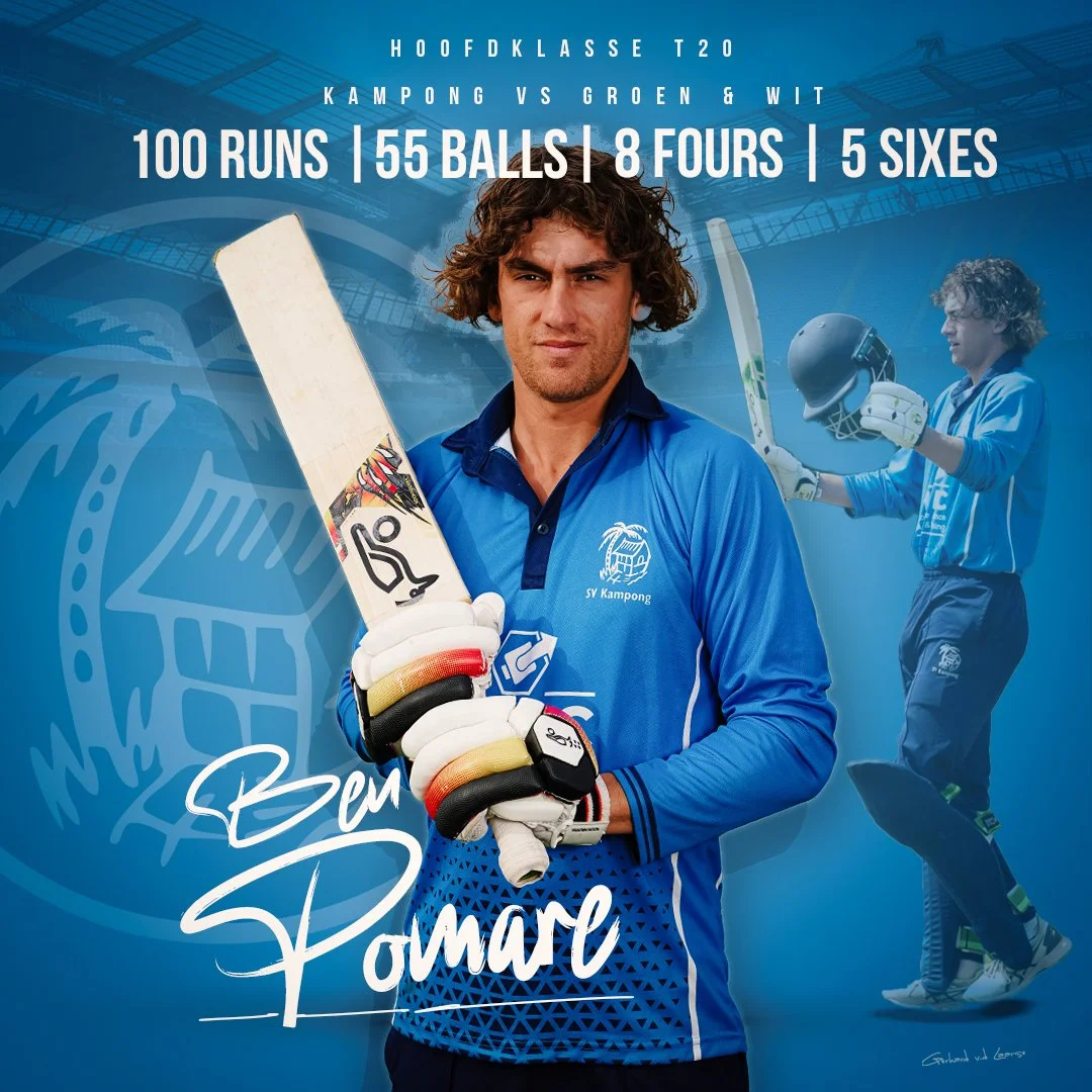 Sports poster featuring a male cricket player dressed in blue holding a cricket bat and wearing gloves, with a background image of him in cricket gear and the logos and text detailing a cricket match or event.