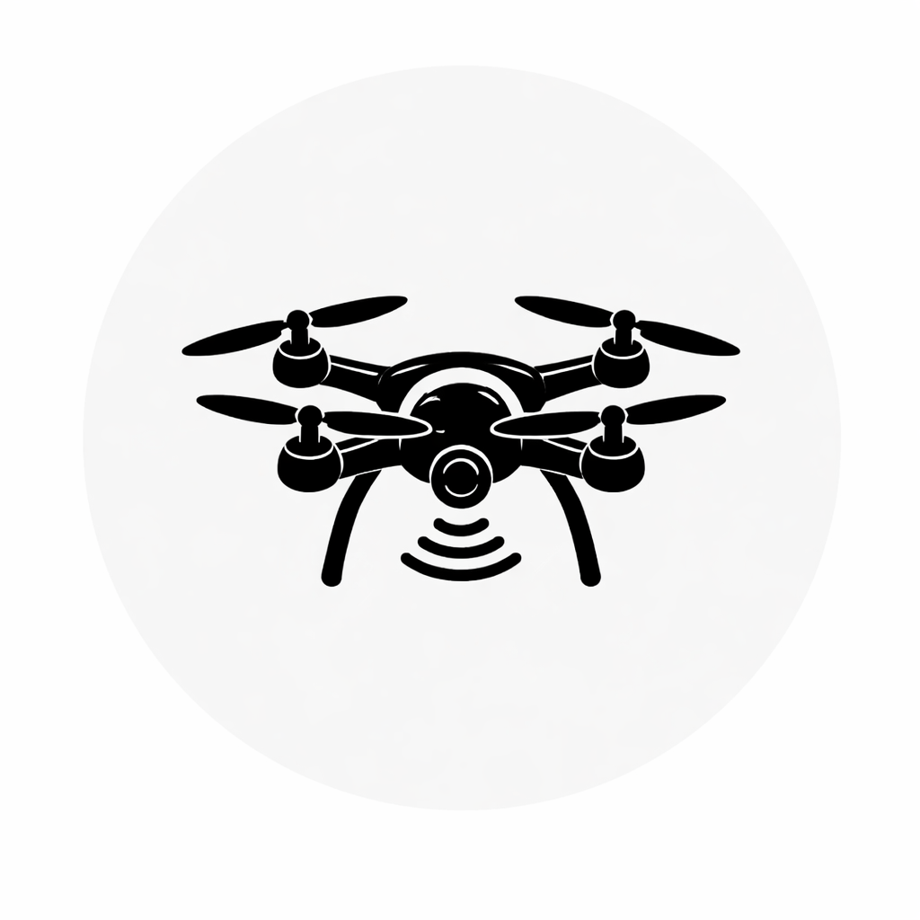 Black silhouette of a drone with propellers and a camera on a white background.