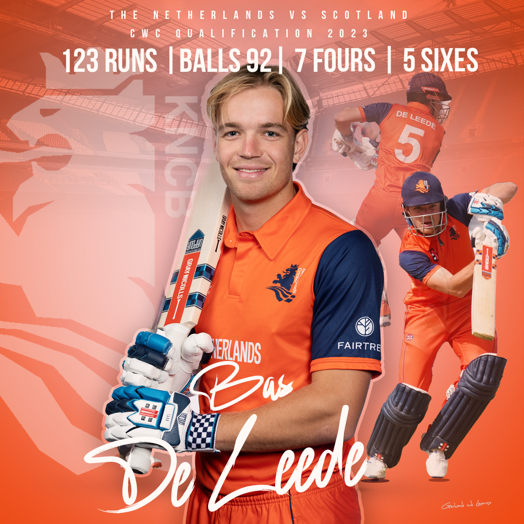 A cricket player from the Netherlands team in orange and navy uniform holding a cricket bat, with statistics including 123 runs, 92 balls, 7 fours, and 5 sixes. The background shows two action shots of the player batting, set in a cricket stadium wit
