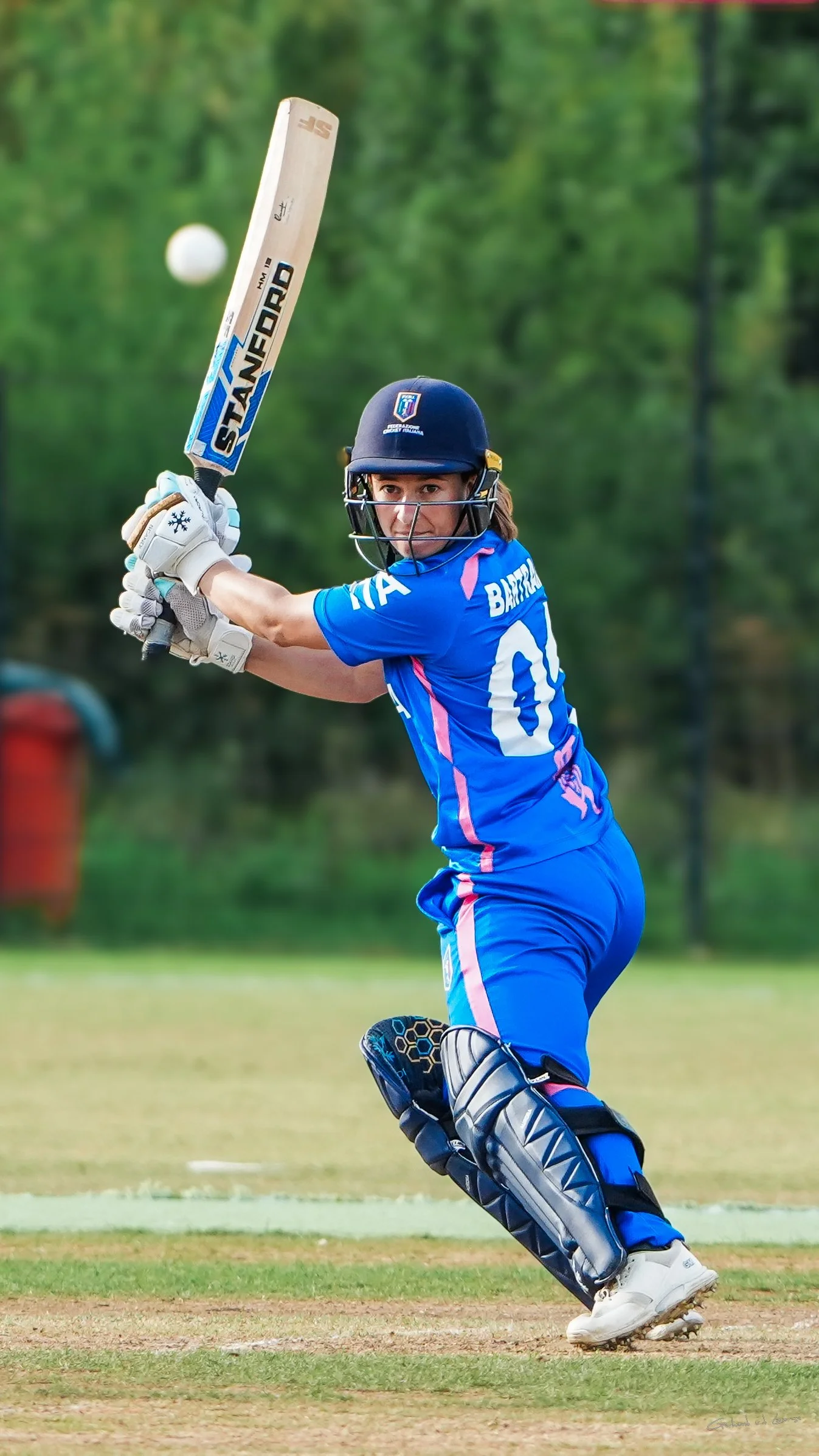 Cricket player in blue uniform batting with helmet, gloves, and pads on a grassy field.