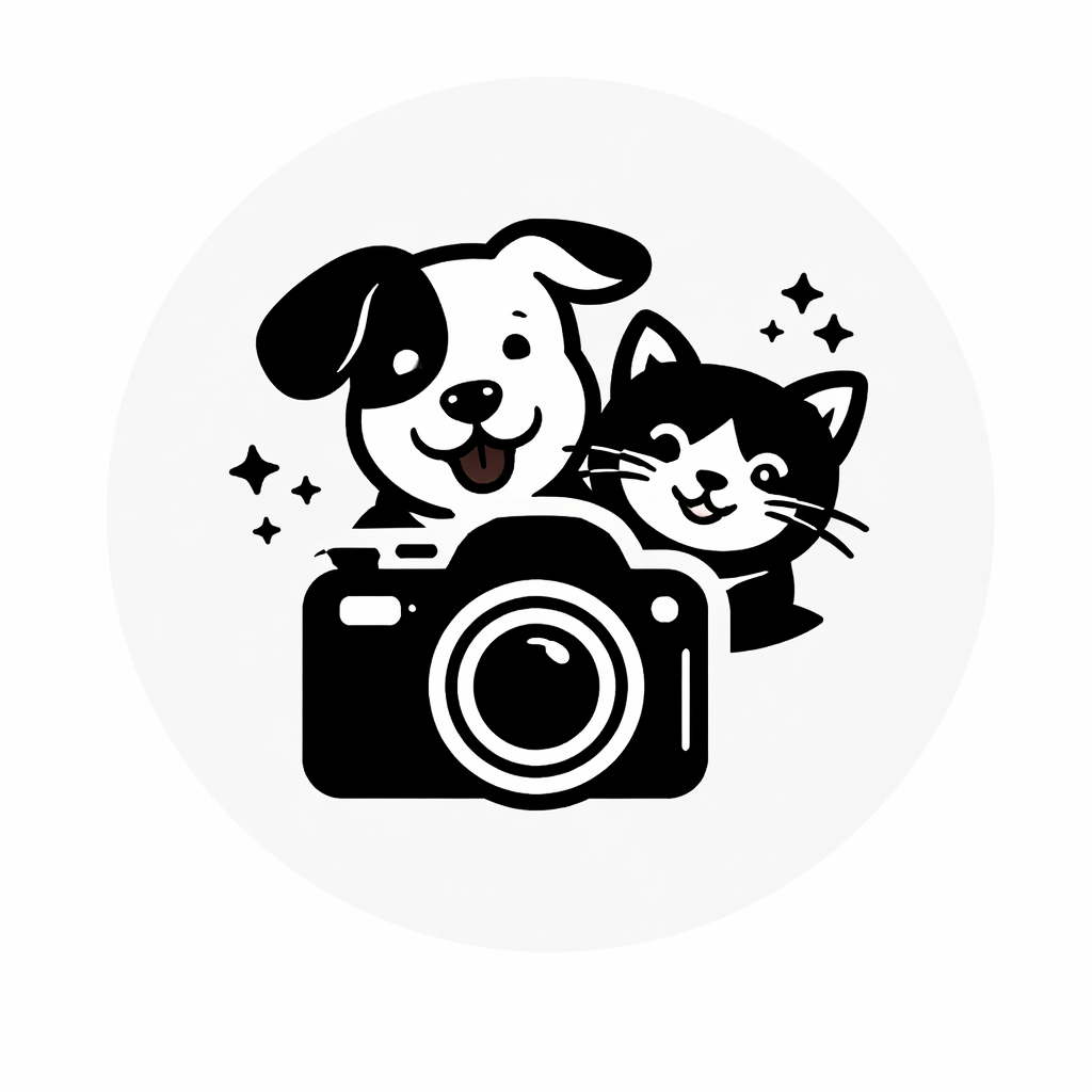 Black and white illustration of a dog and a cat smiling behind a camera, with sparkles around them.