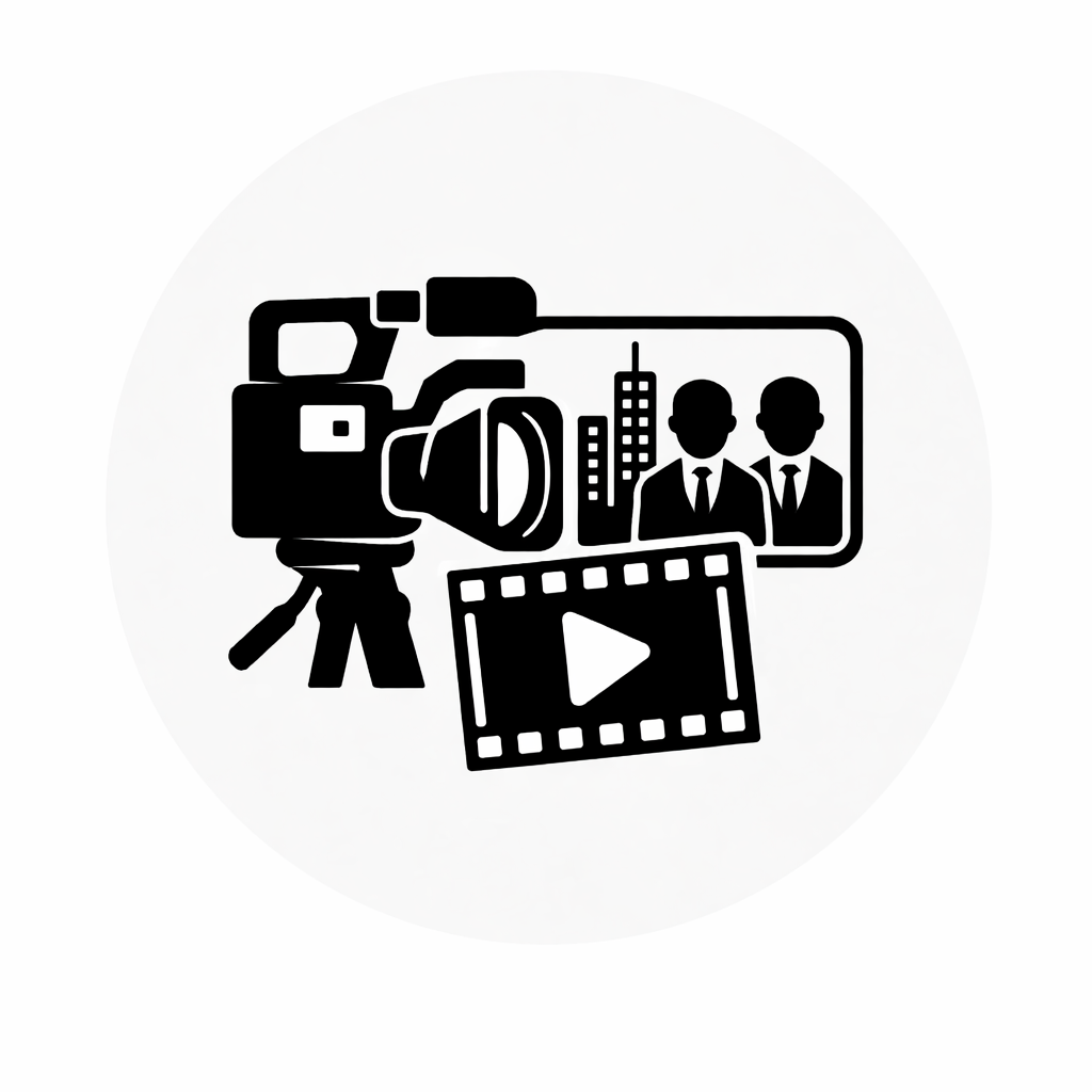 Silhouette of a video camera, a video playback icon, a video clip icon, and a screen showing two men in suits with city buildings in the background, representing media production.