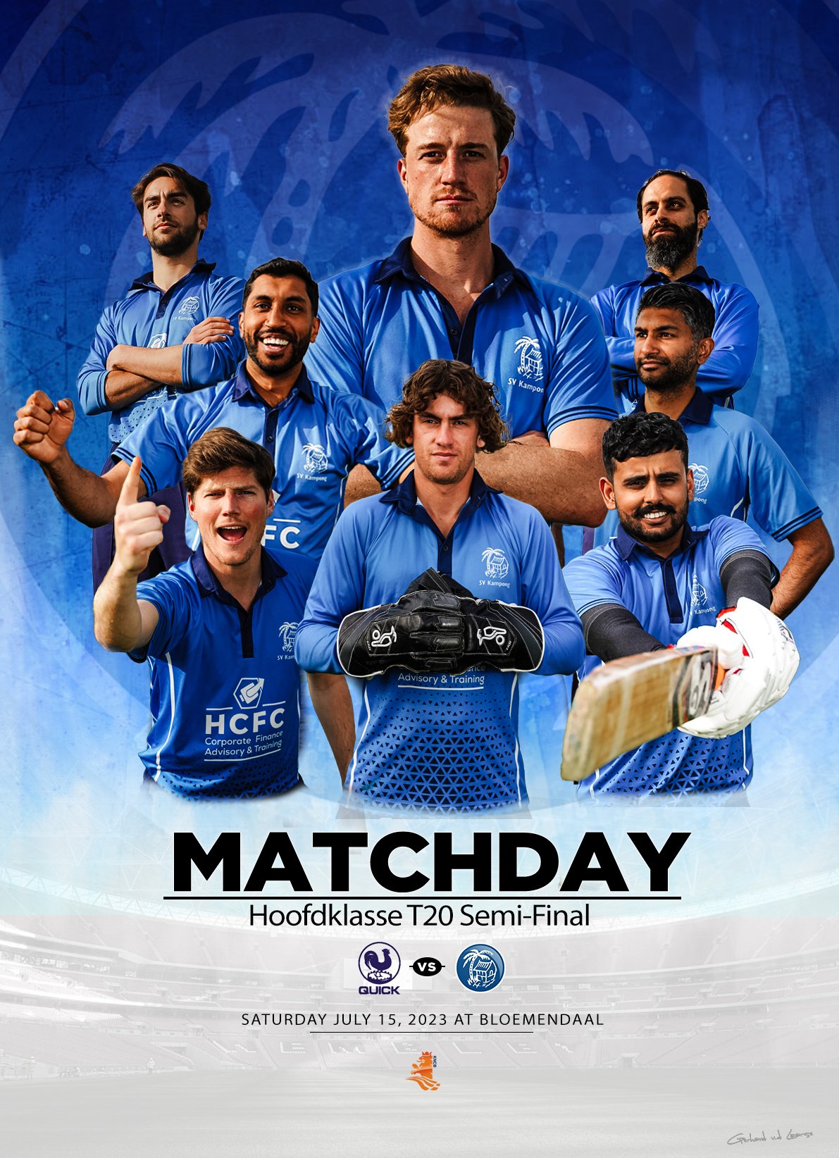 Promotional poster for a cricket match featuring nine players in blue jerseys with team logos, posing together. The text indicates this is a semi-final match in the T20 tournament between QUICK and an opposing team, scheduled for Saturday, July 15, 2