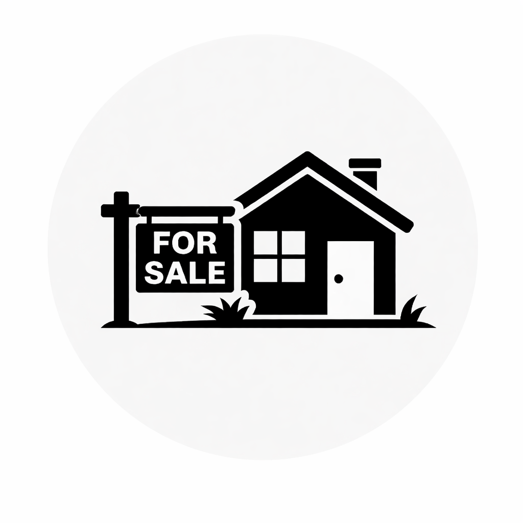 Black and white illustration of a house with a sign that reads 'For Sale' outside.