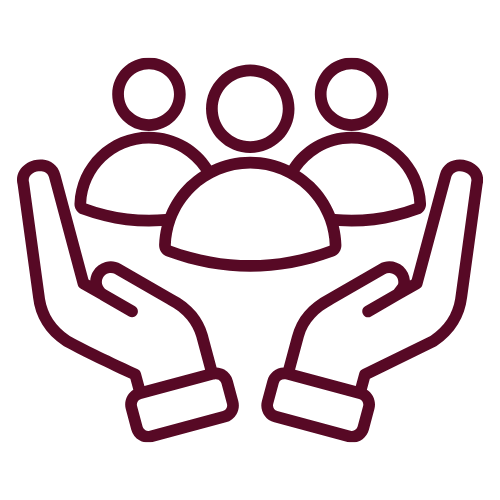 Line drawing of two hands holding a group of three people, symbolizing support or community.