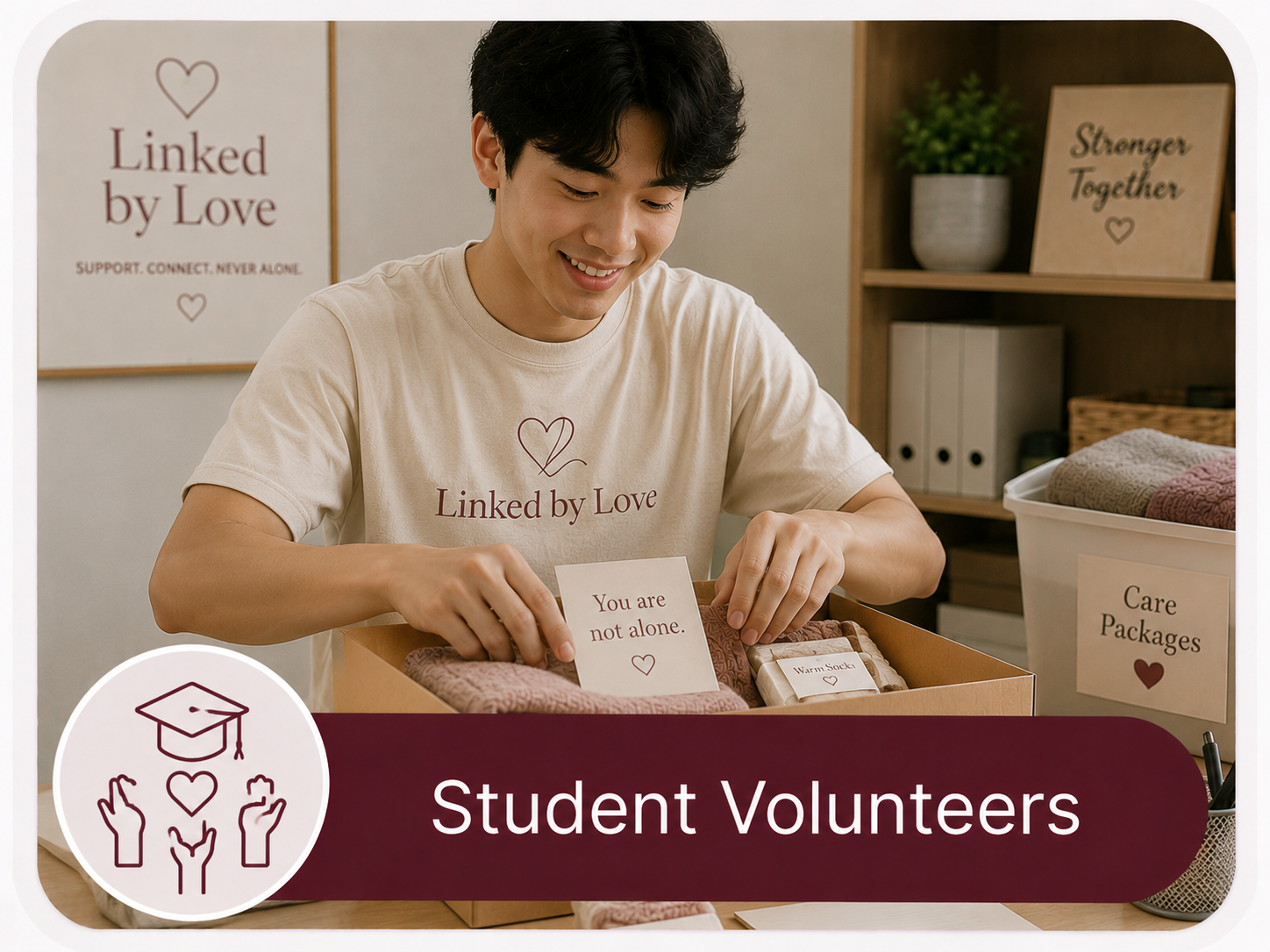 A young man with darkHair and light skin smiling while packing care packages with cozy socks and a card that says "You are not alone". The setting includes signs reading "Linked by Love" and "Stronger Together", as well as shelves with potted plants, binders, and folded towels.