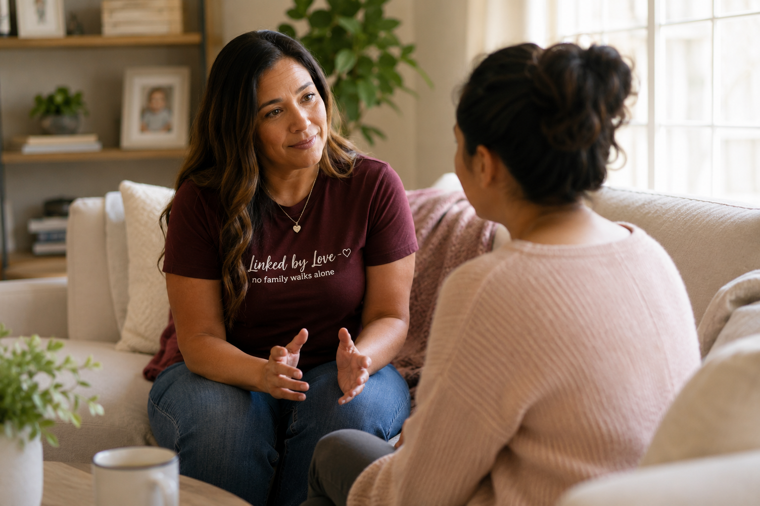 Two women sitting on a beige couch having a conversation in a cozy living room, with a bookshelf and window in the background.