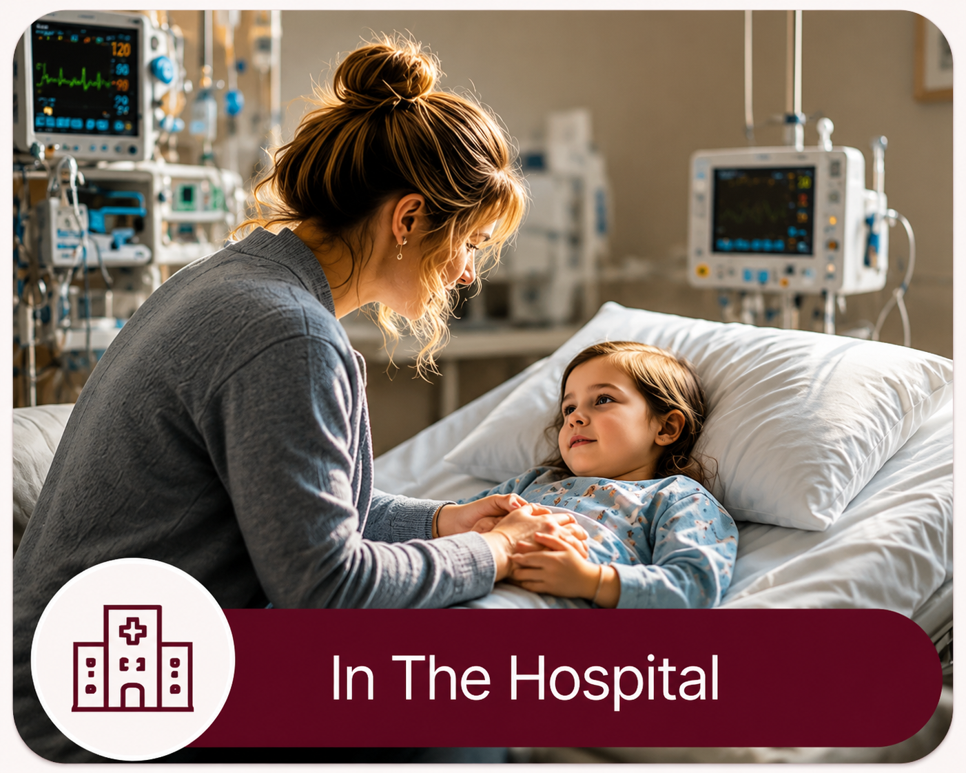 Mother comforting her child during a hospital stay for congenital heart disease (CHD) care