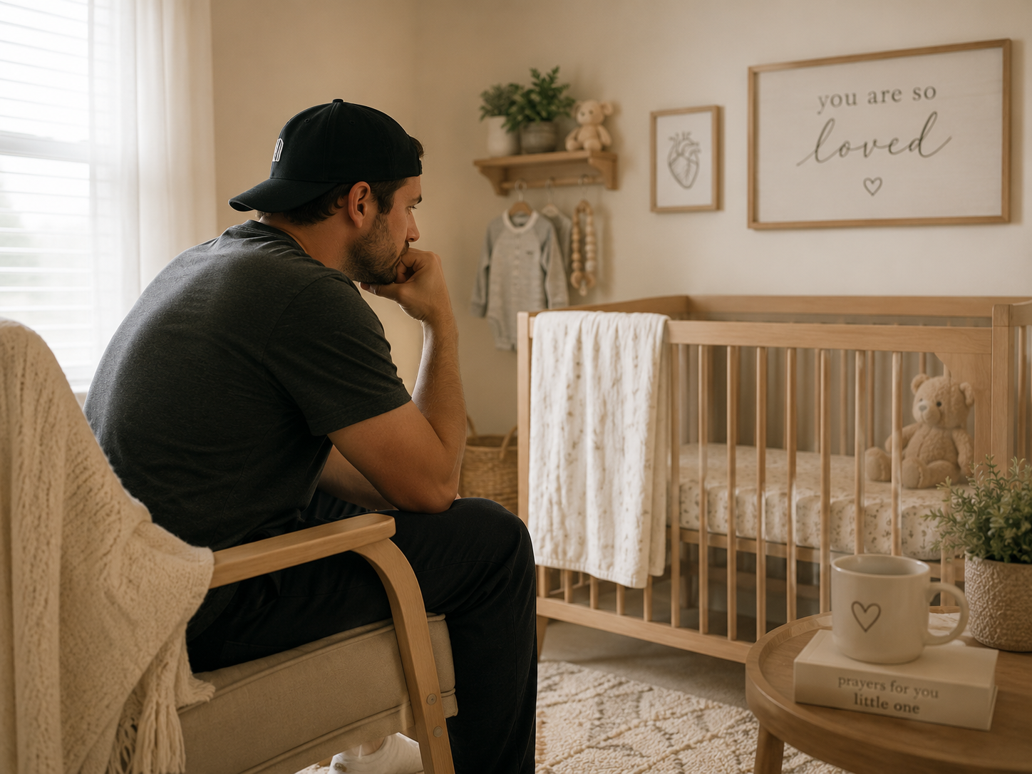 A man sitting in a chair in a nursery, looking thoughtful. The nursery has a crib with a teddy bear, wall art with the words "you are so loved," a changing table, and cozy decorations.