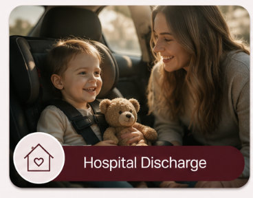 Mother and child leaving the hospital after congenital heart disease (CHD) care, hospital discharge