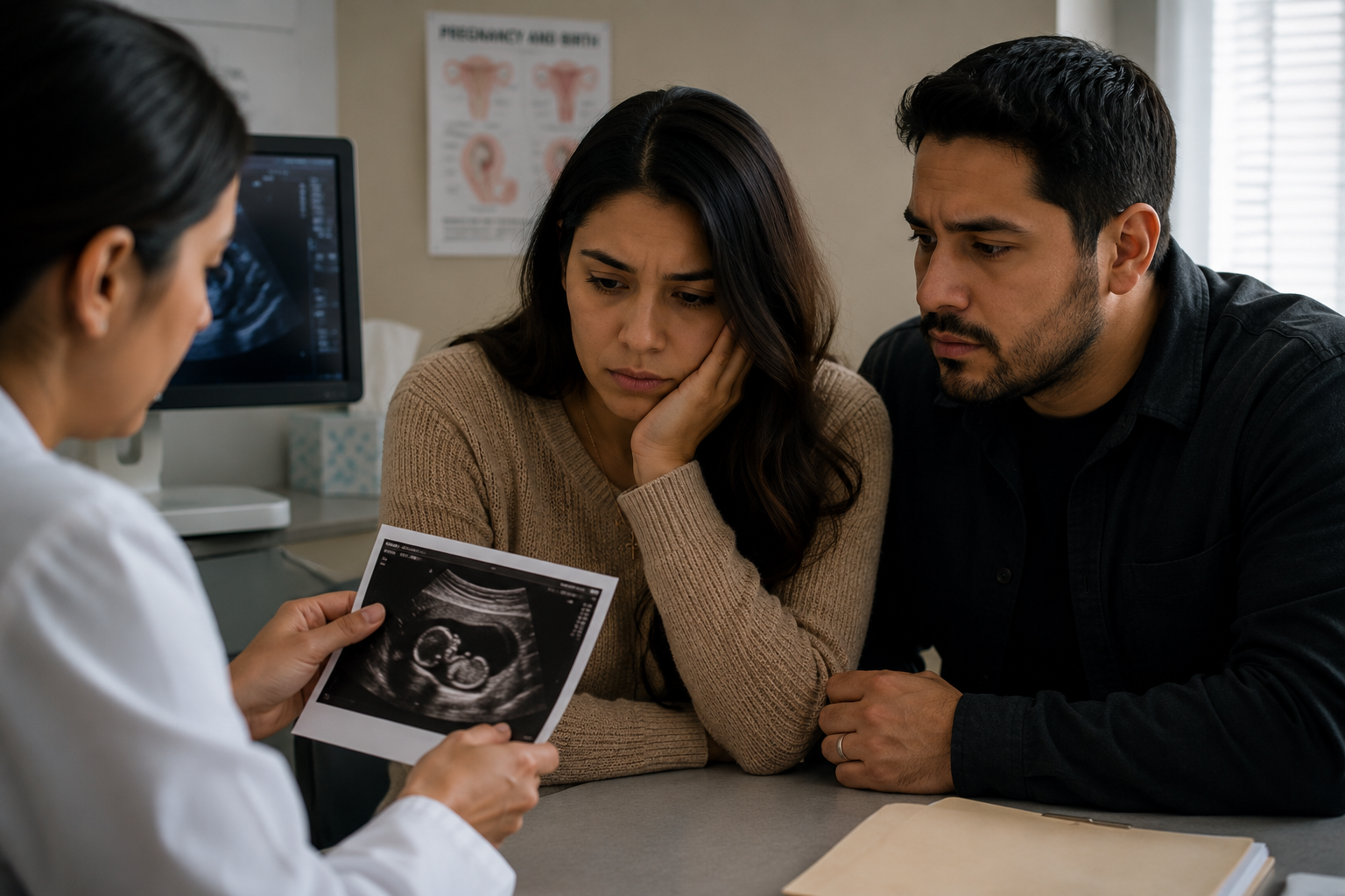 A couple sitting at a doctor’s appointment looking concerned while a doctor shows them an ultrasound image.