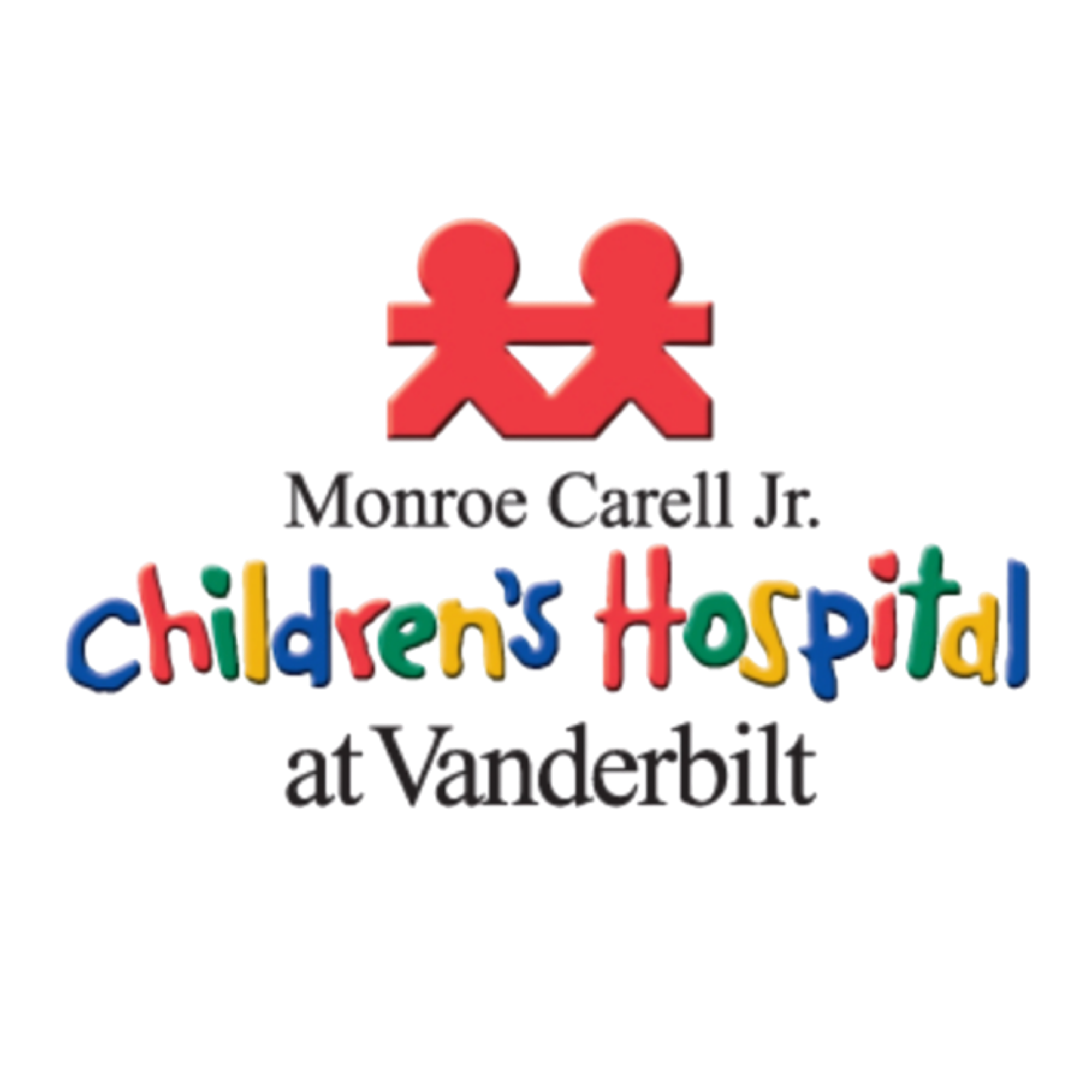 Colorful 3D text spelling 'Children's Hospital' with a red logo of two human figures holding hands, connected by a horizontal bar, above the text.