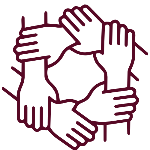 Illustration of multiple hands holding onto a circular shape, symbolizing unity and teamwork.