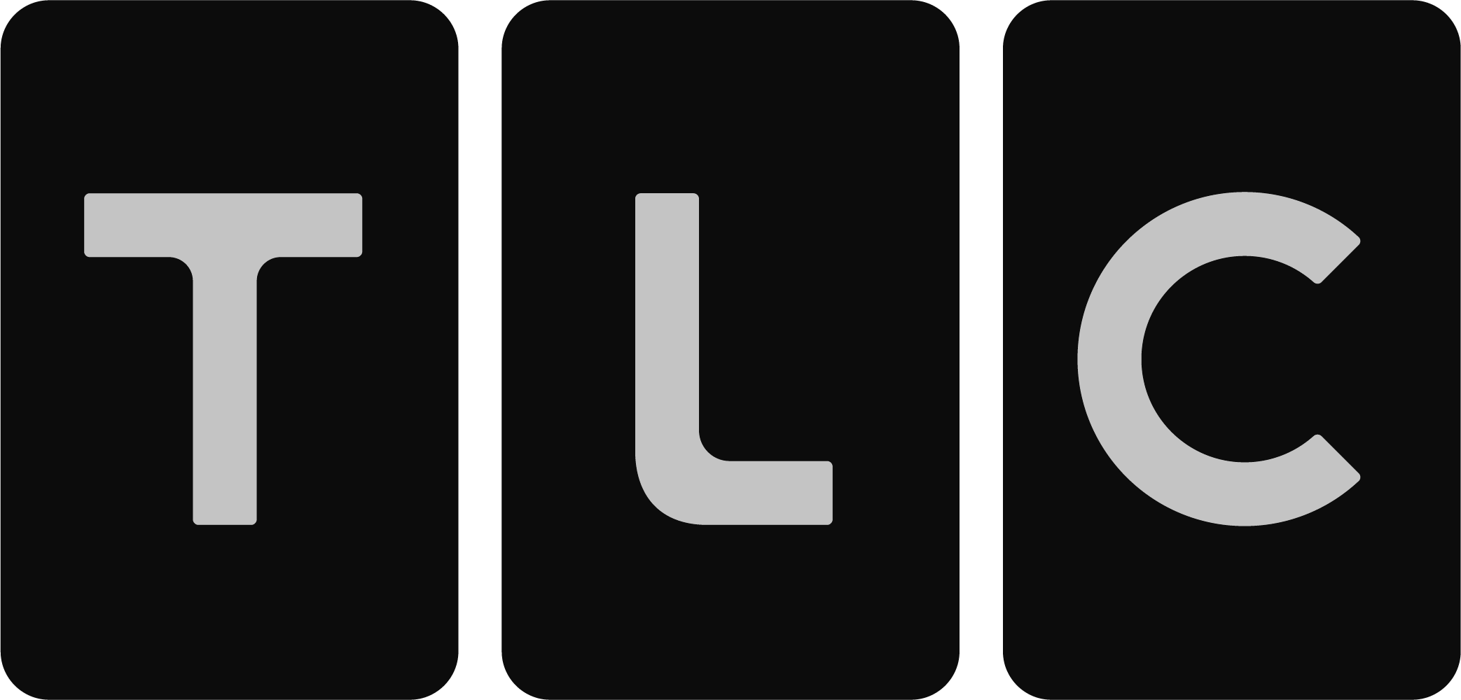 Black background with large gray letters spelling "TLC" arranged vertically.