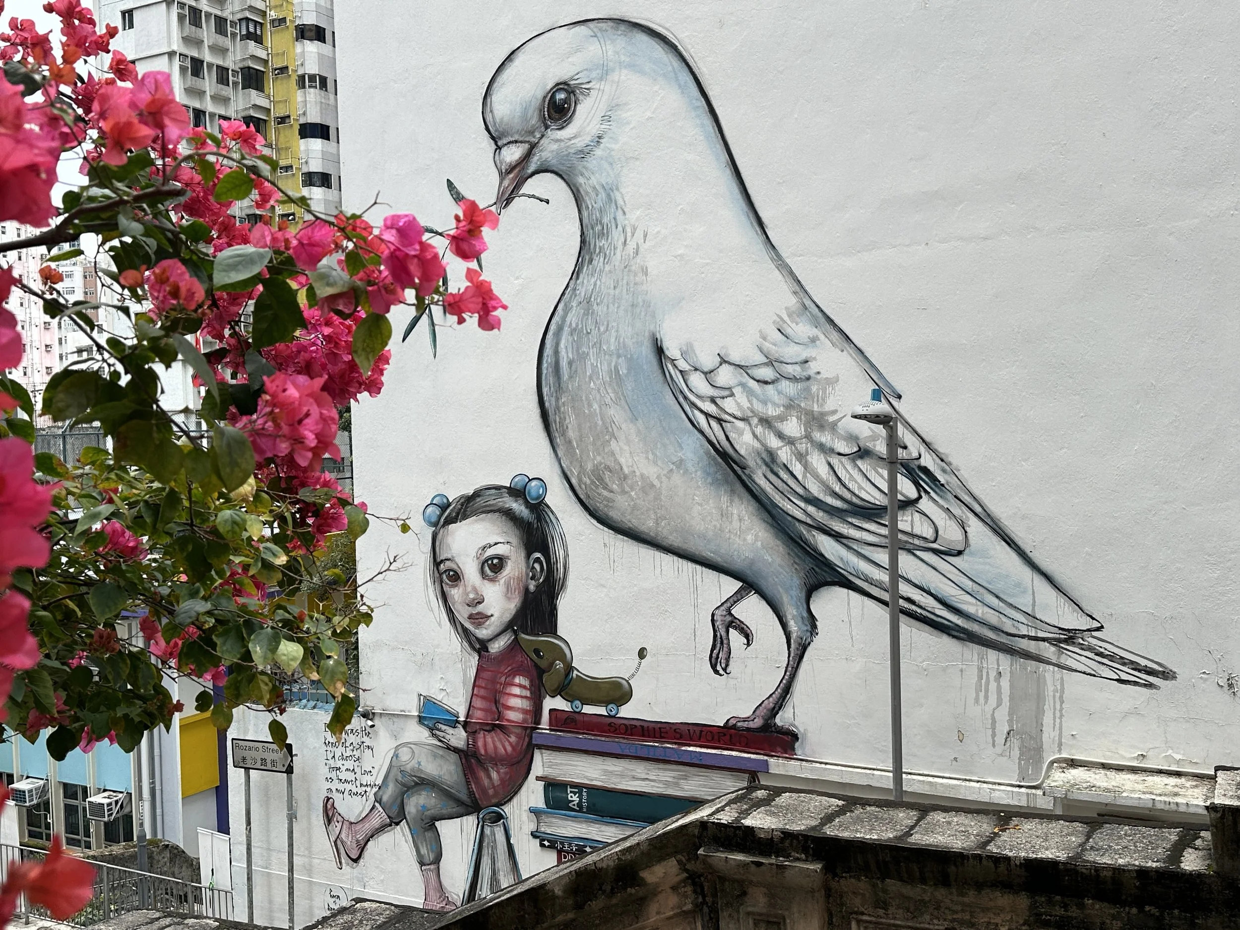 Street art mural depicting a girl sitting on books and a large pigeon on a white wall, with pink flowers partially covering the scene on the left.