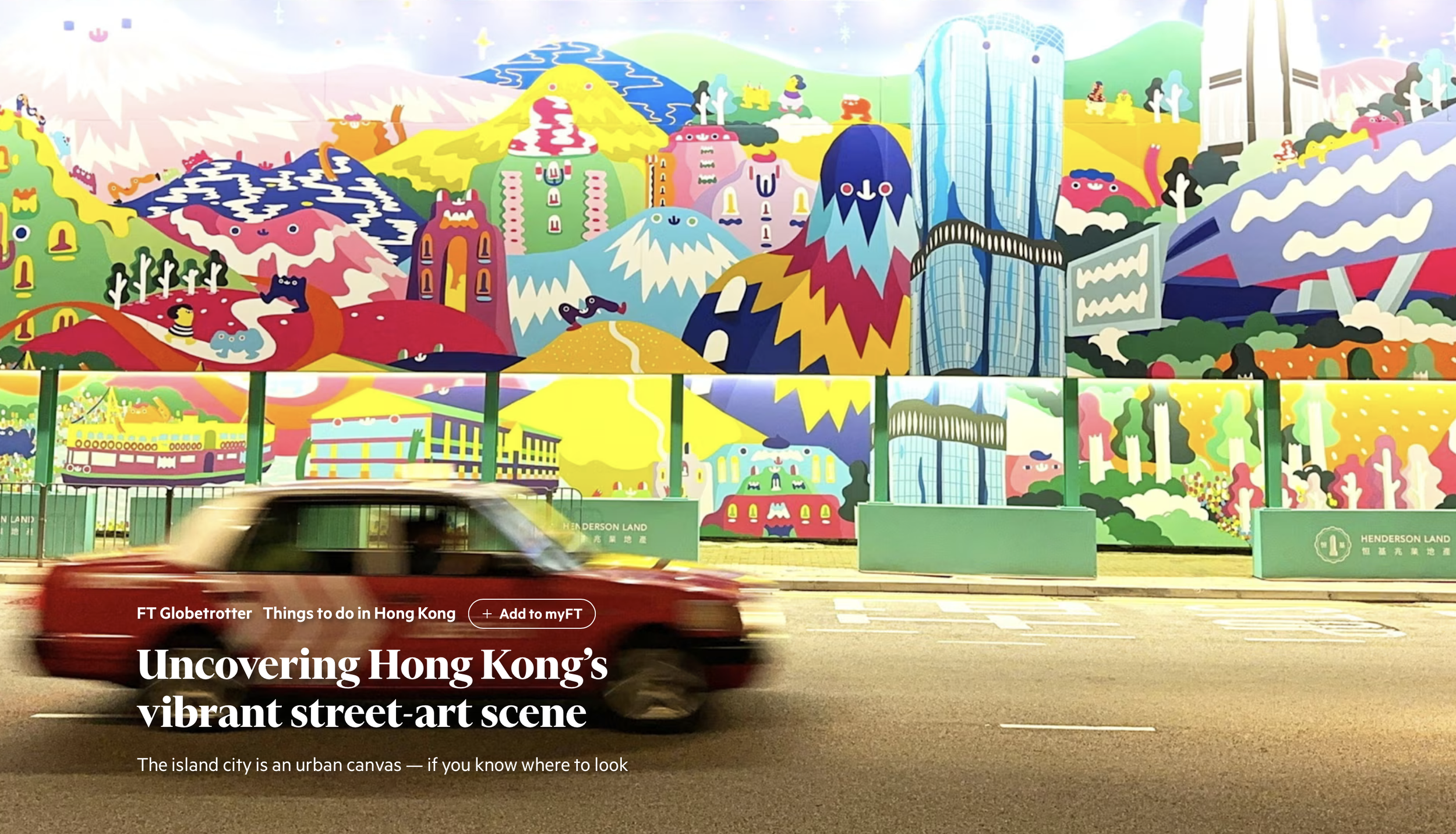 Colorful mural of abstract, vibrant street art on a wall in Hong Kong with a speeding red and white taxi passing by in the foreground.