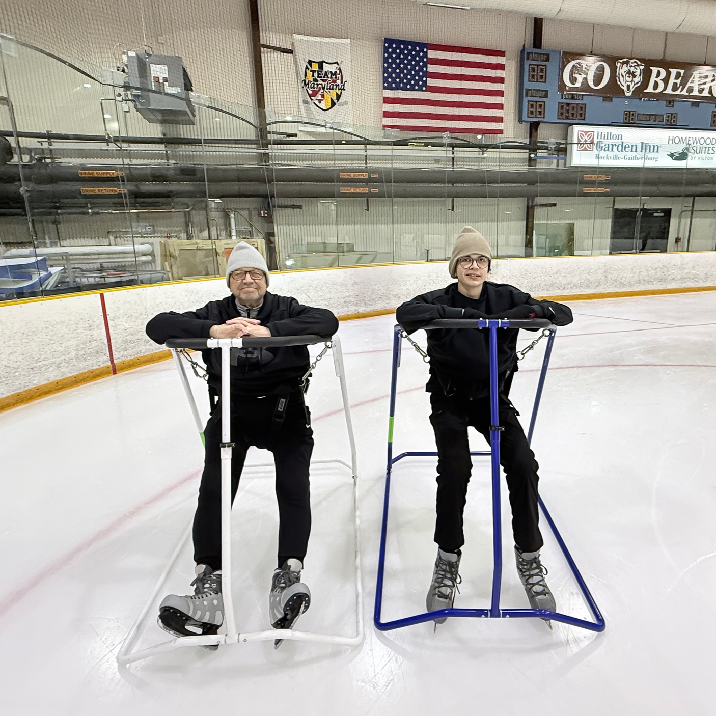 Adult and senior beginner skaters using Balancia stable walkers, demonstrating how rinks can monetize spectators and adaptive skating demographics