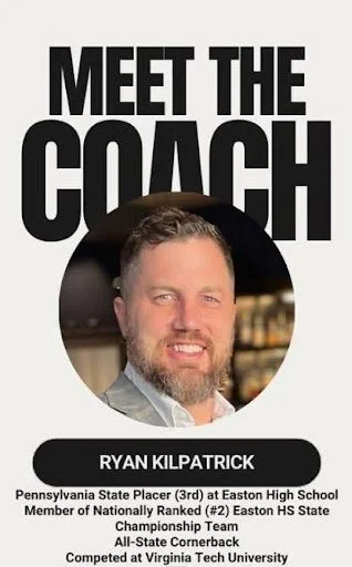 Poster with the text 'Meet the Coach' and a photo of Ryan Kilpatrick, a man with a beard, smiling, in front of a blurred background. His name is listed along with his credentials and affiliations, including Pennsylvania State Place and Easton High School.