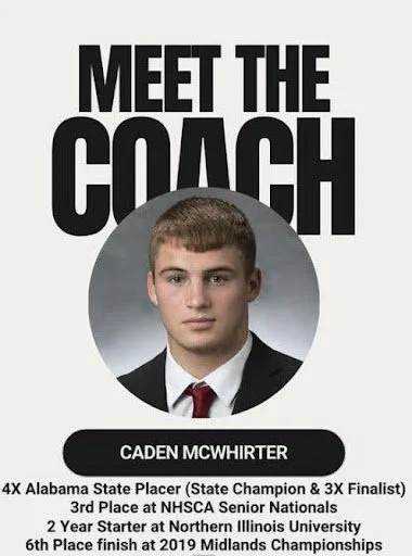 Poster with text 'Meet the Coach' featuring a portrait of Caden McWhorter, an Alabama State Champion and NCAA athlete, with details about his achievements and background.