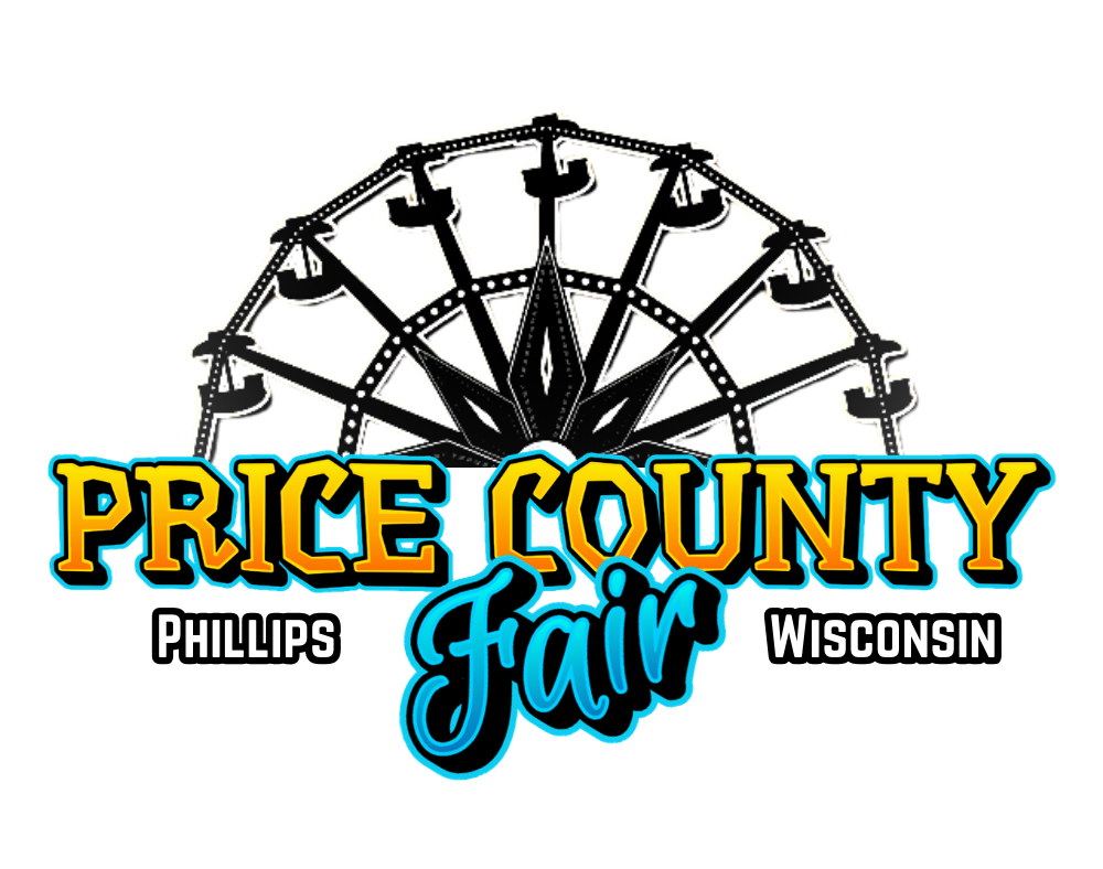 Logo for the Price County Fair in Phillips, Wisconsin, featuring a Ferris wheel in black and yellow, with the event name in colorful text.